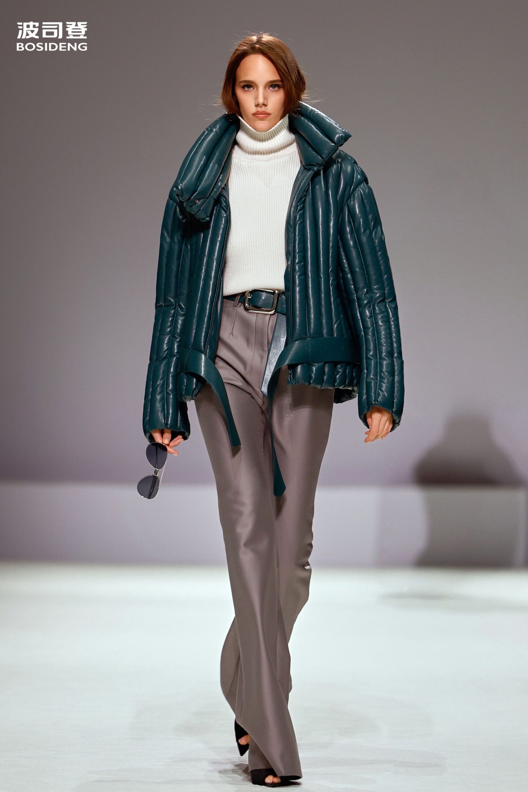 teal vinyl long-sleeve collared relaxed padded jacket