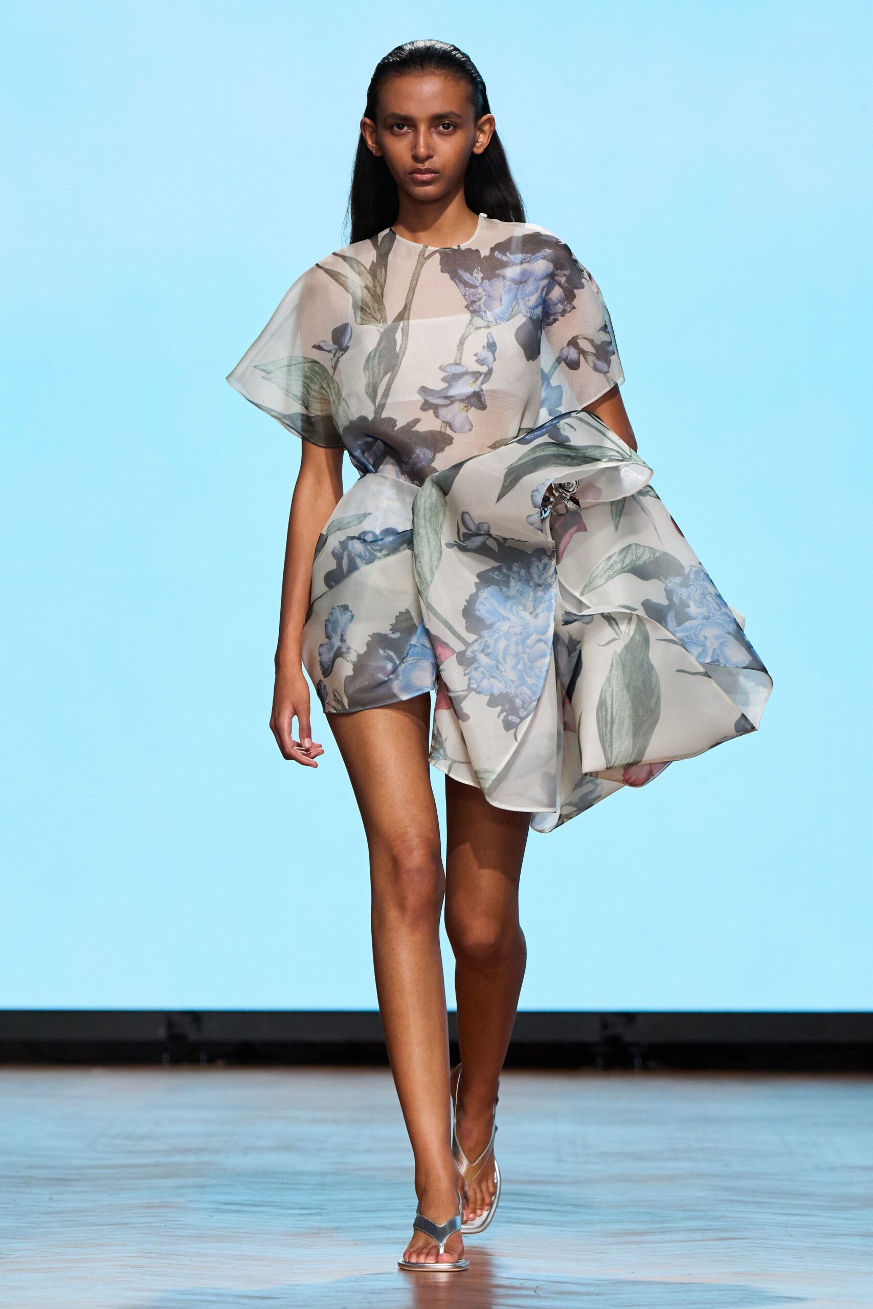 blue chiffon sleeveless high-neck fitted flared printed dress