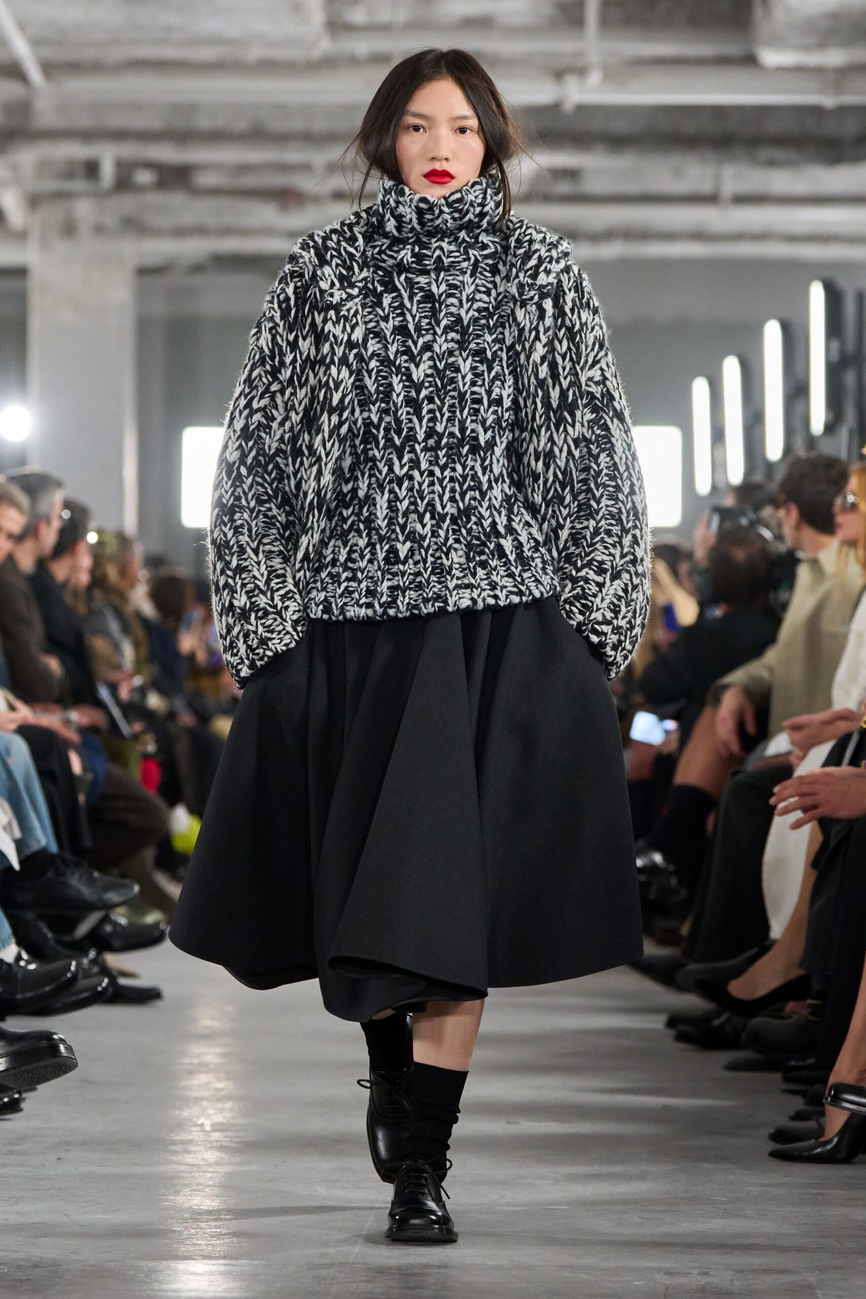 black wool long-sleeve high-neck oversized textured top