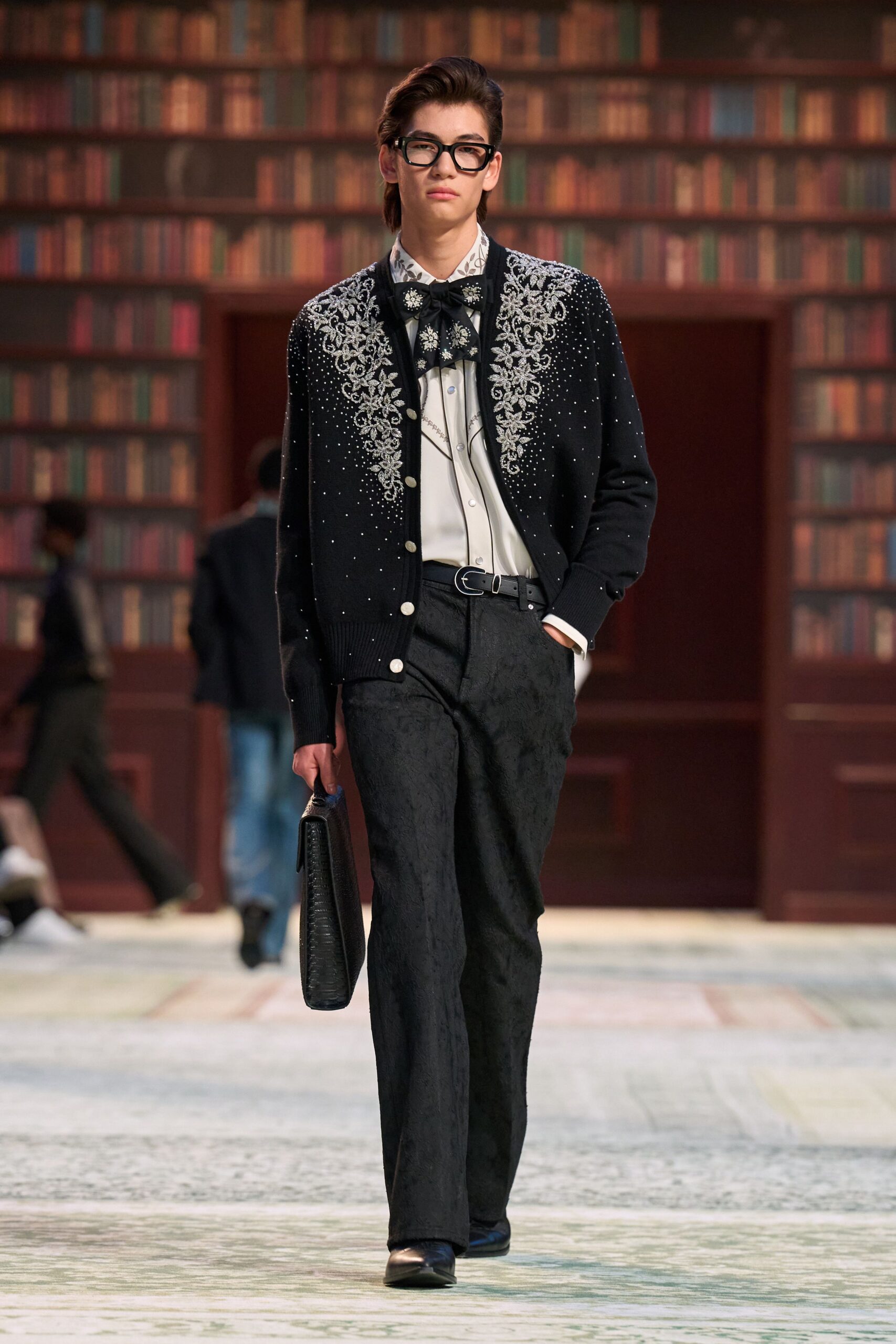 black embroidered cardigan with white shirt