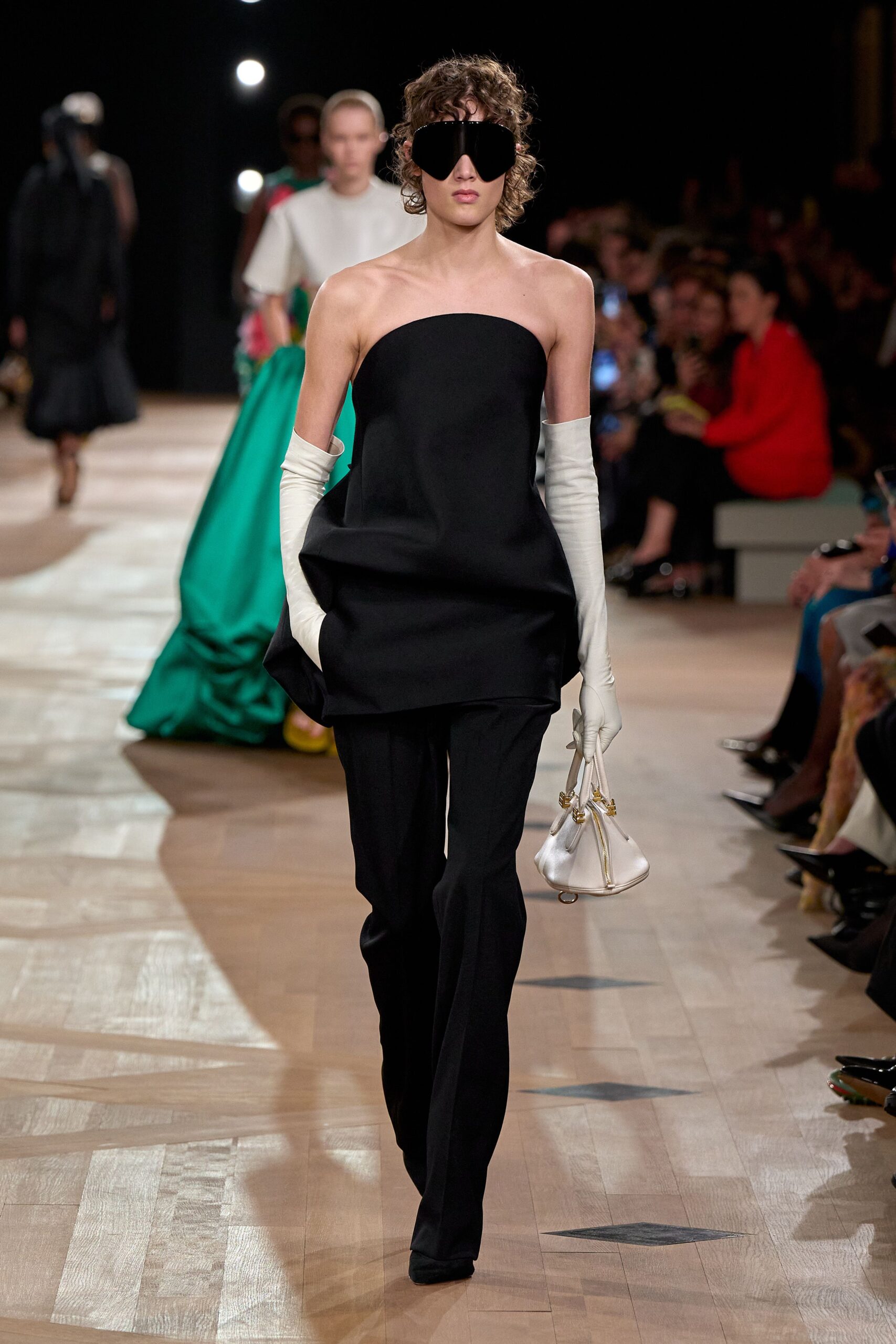 black fitted strapless top with pants