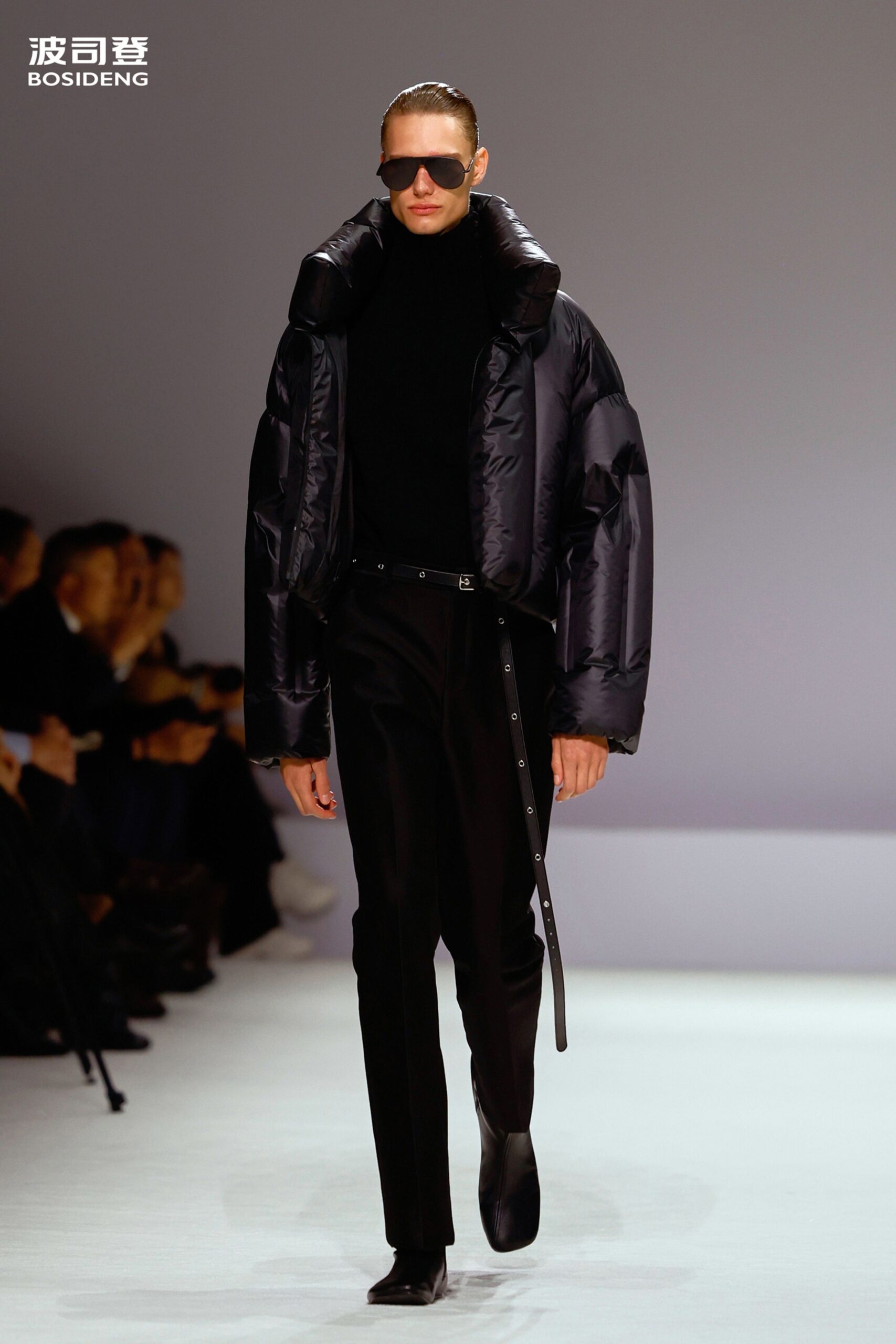 black vinyl long-sleeve collared oversized padded jacket
