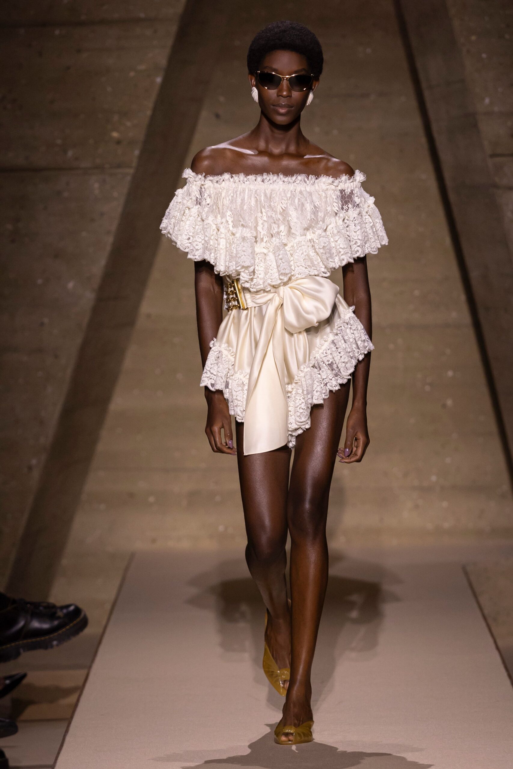 white silk off-shoulder fitted ruffled tiered mini dress