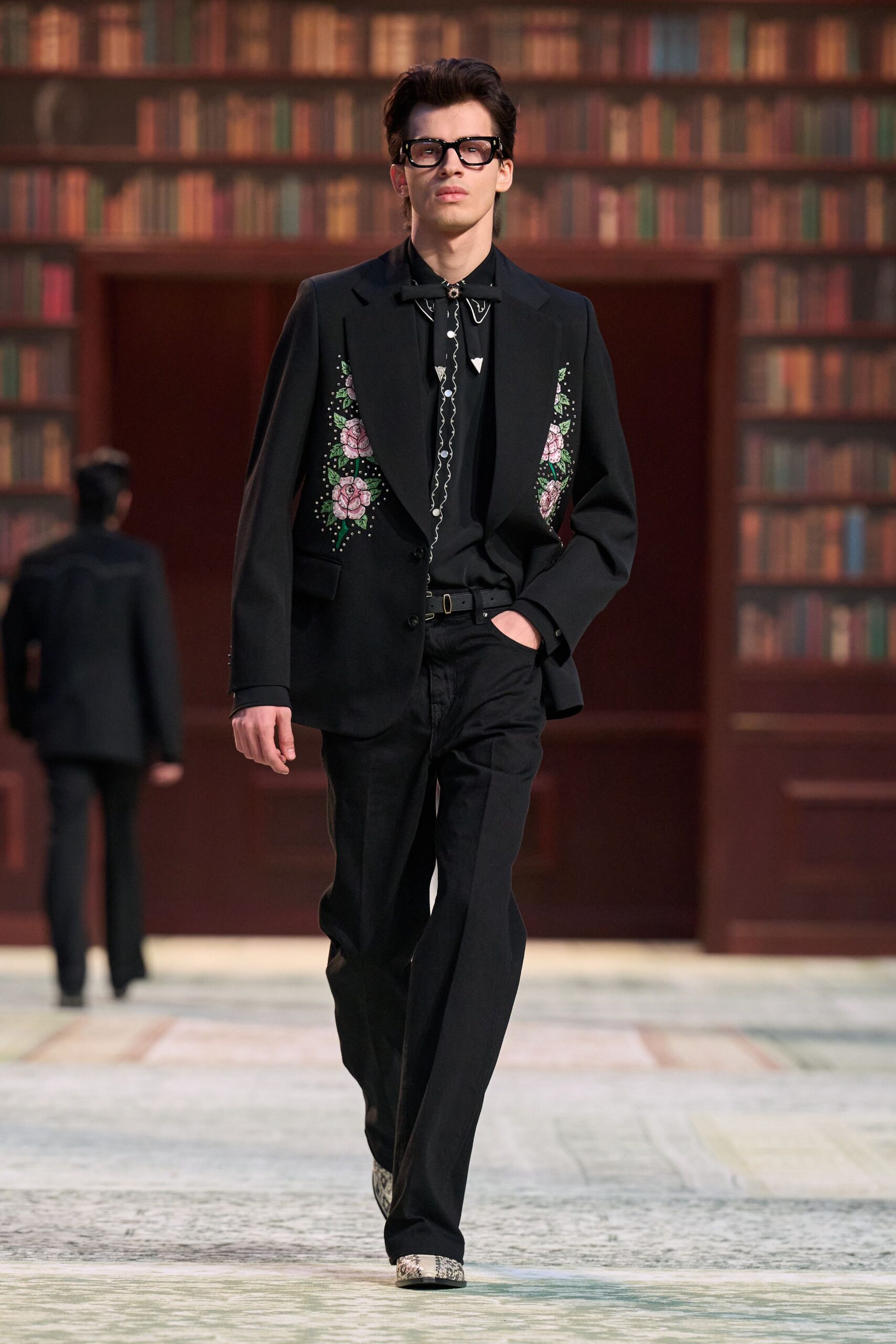 black tailored blazer with embroidered details