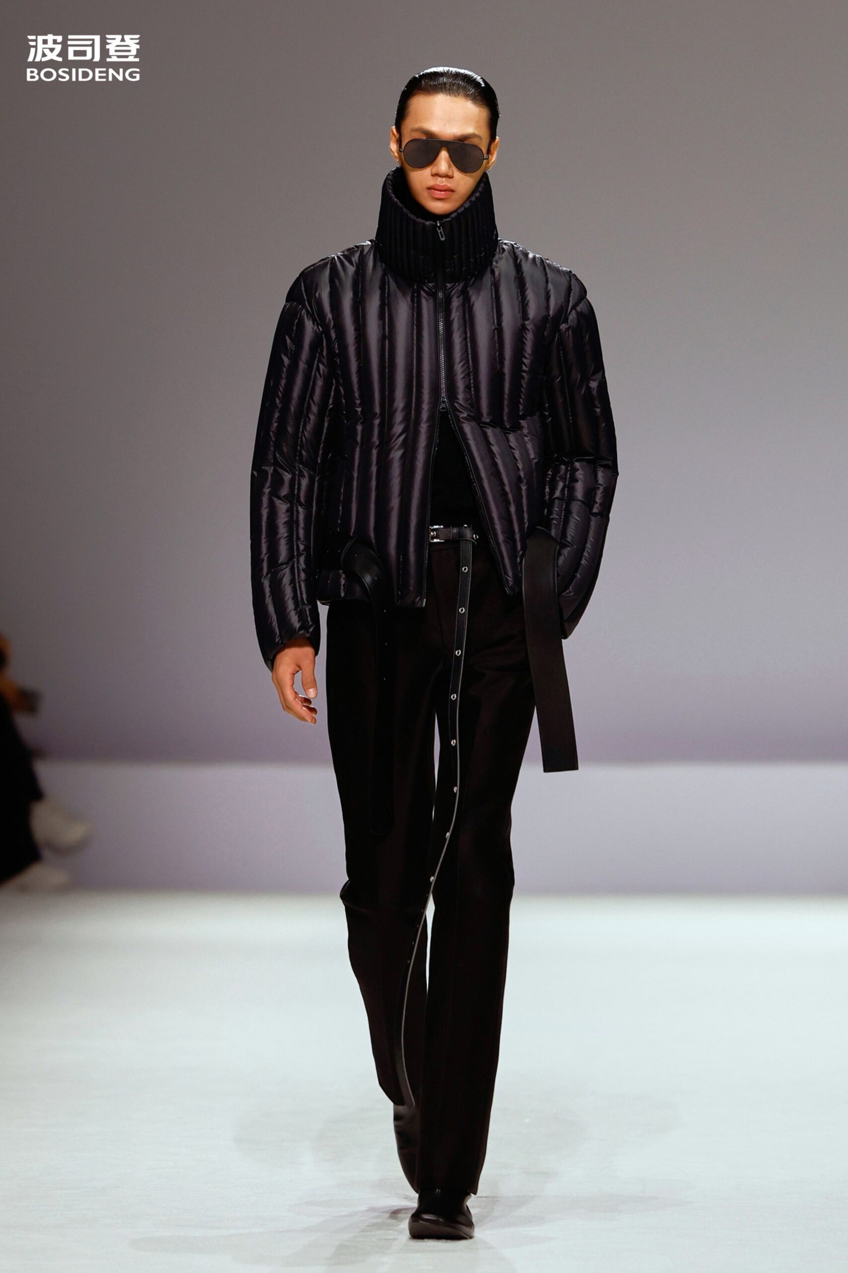 black jersey long-sleeve high-neck fitted padded jacket