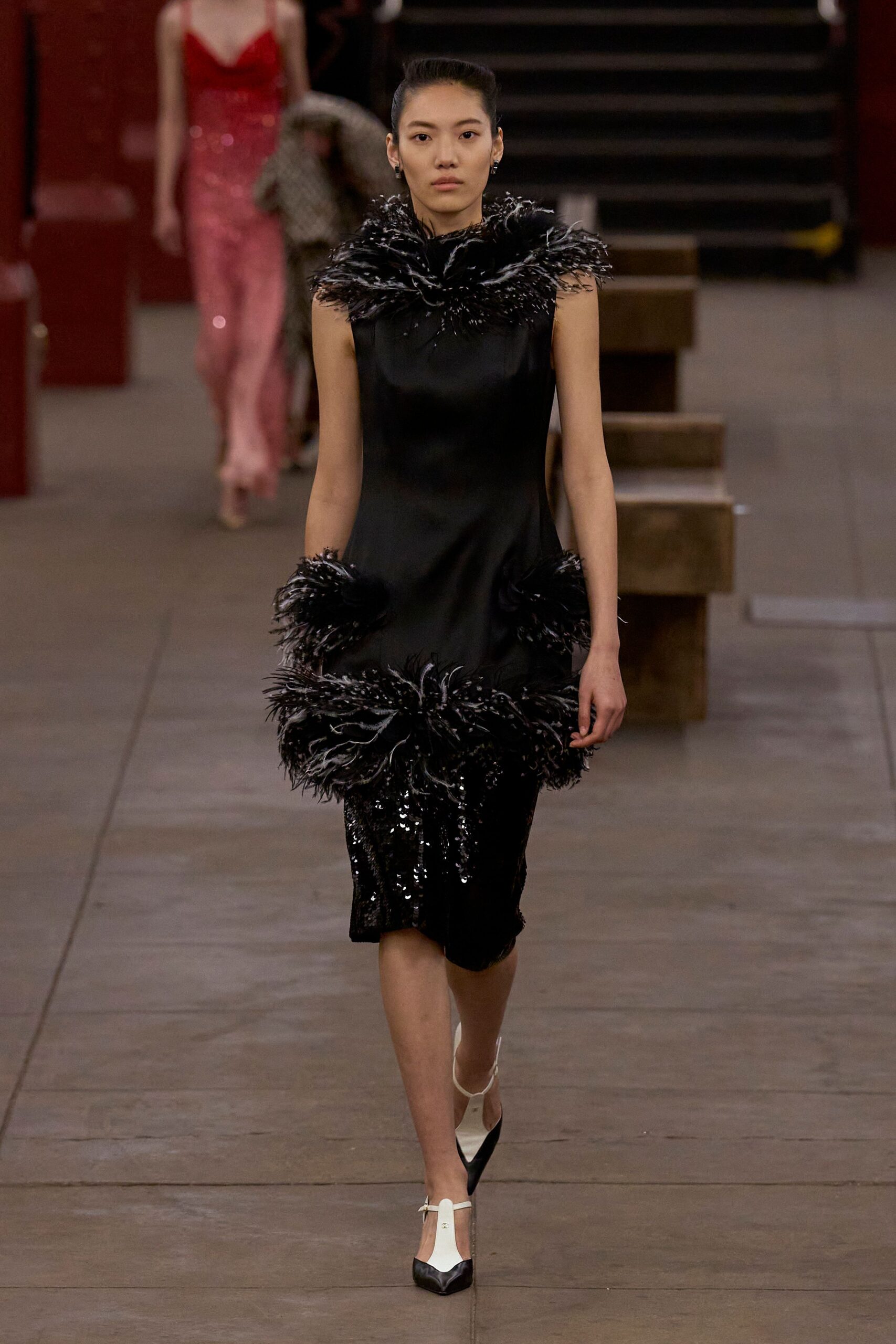 black sequin sleeveless high-neck fitted ruffled embellished dress