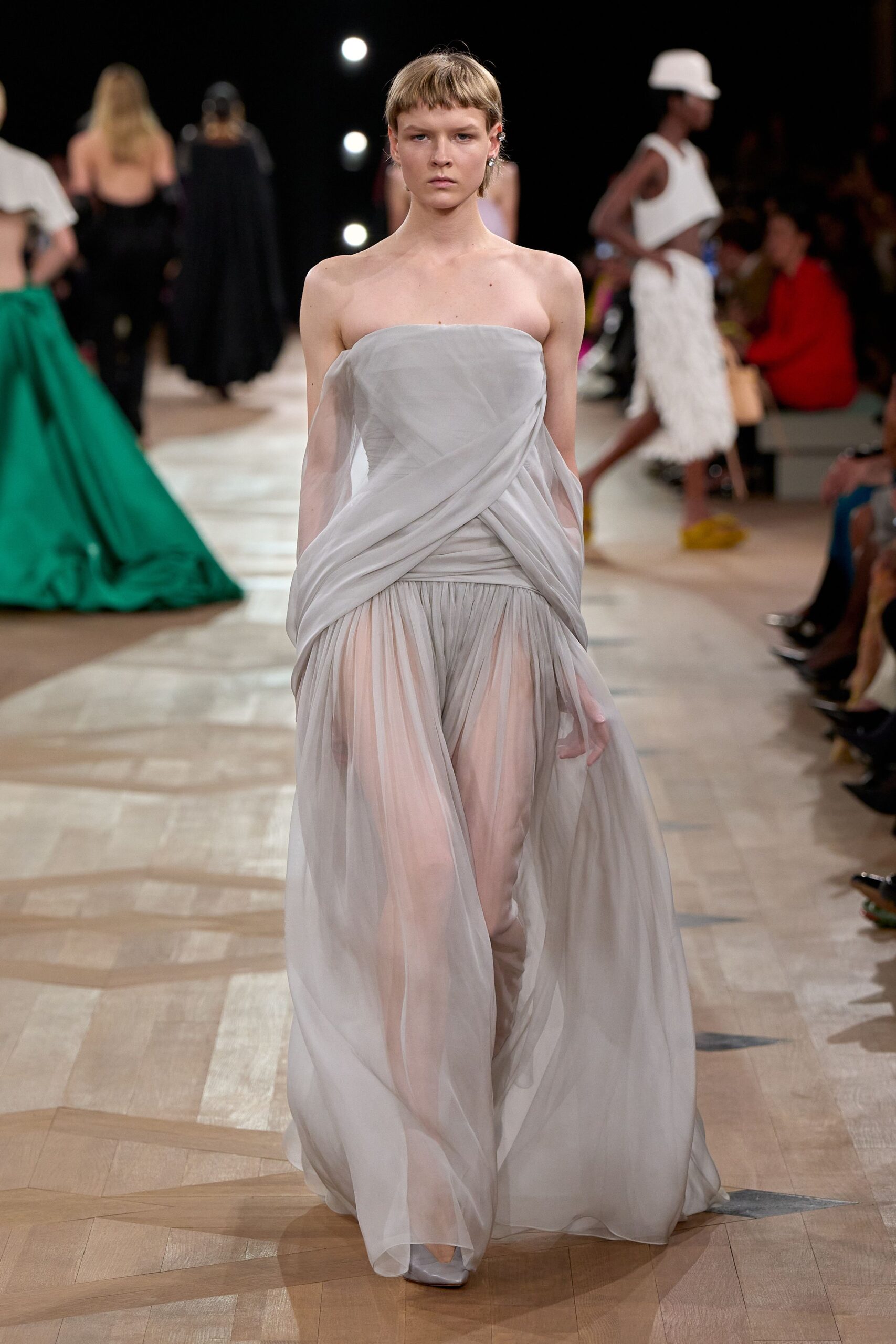 gray chiffon strapless gown