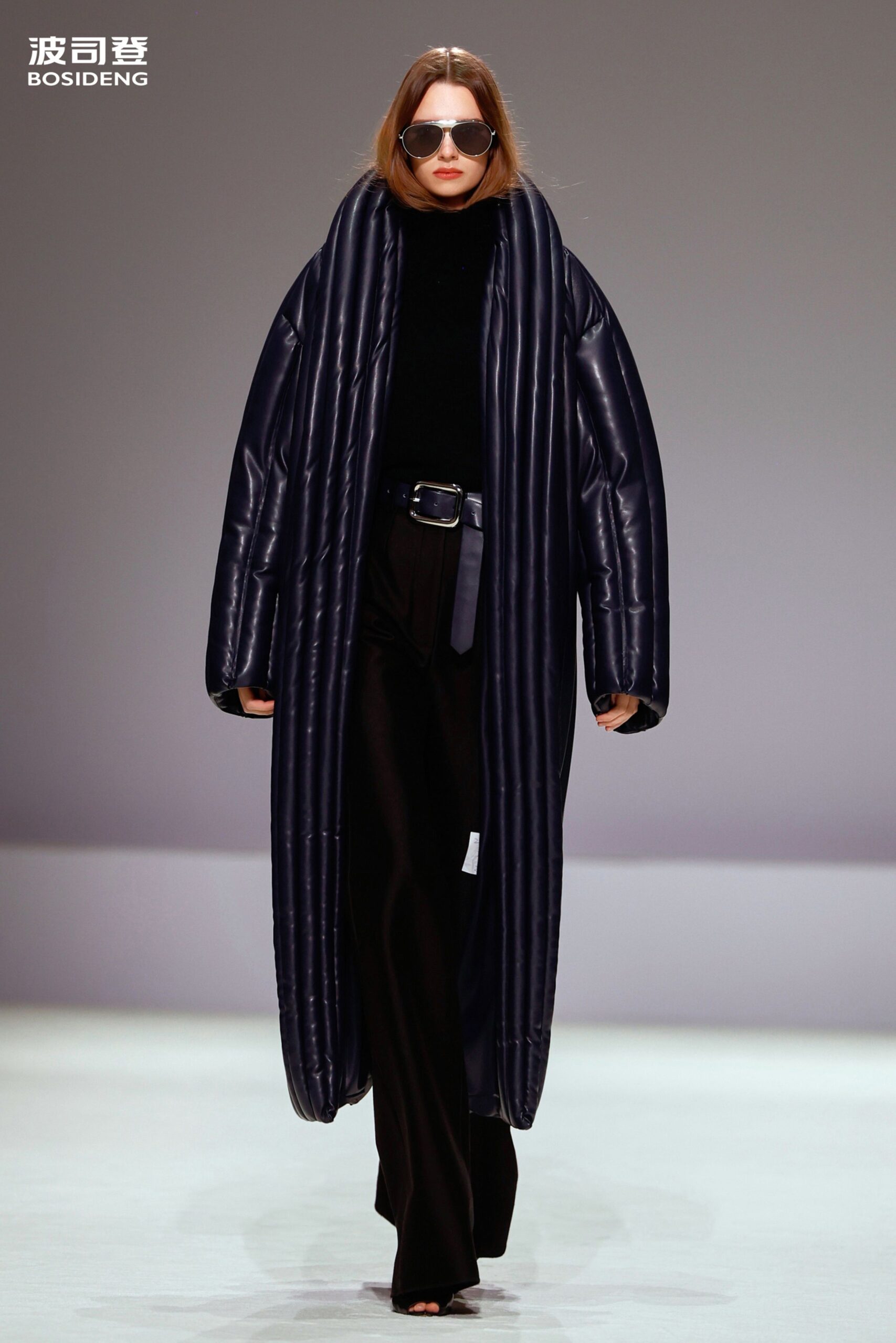 black vinyl long-sleeve collared oversized padded coat