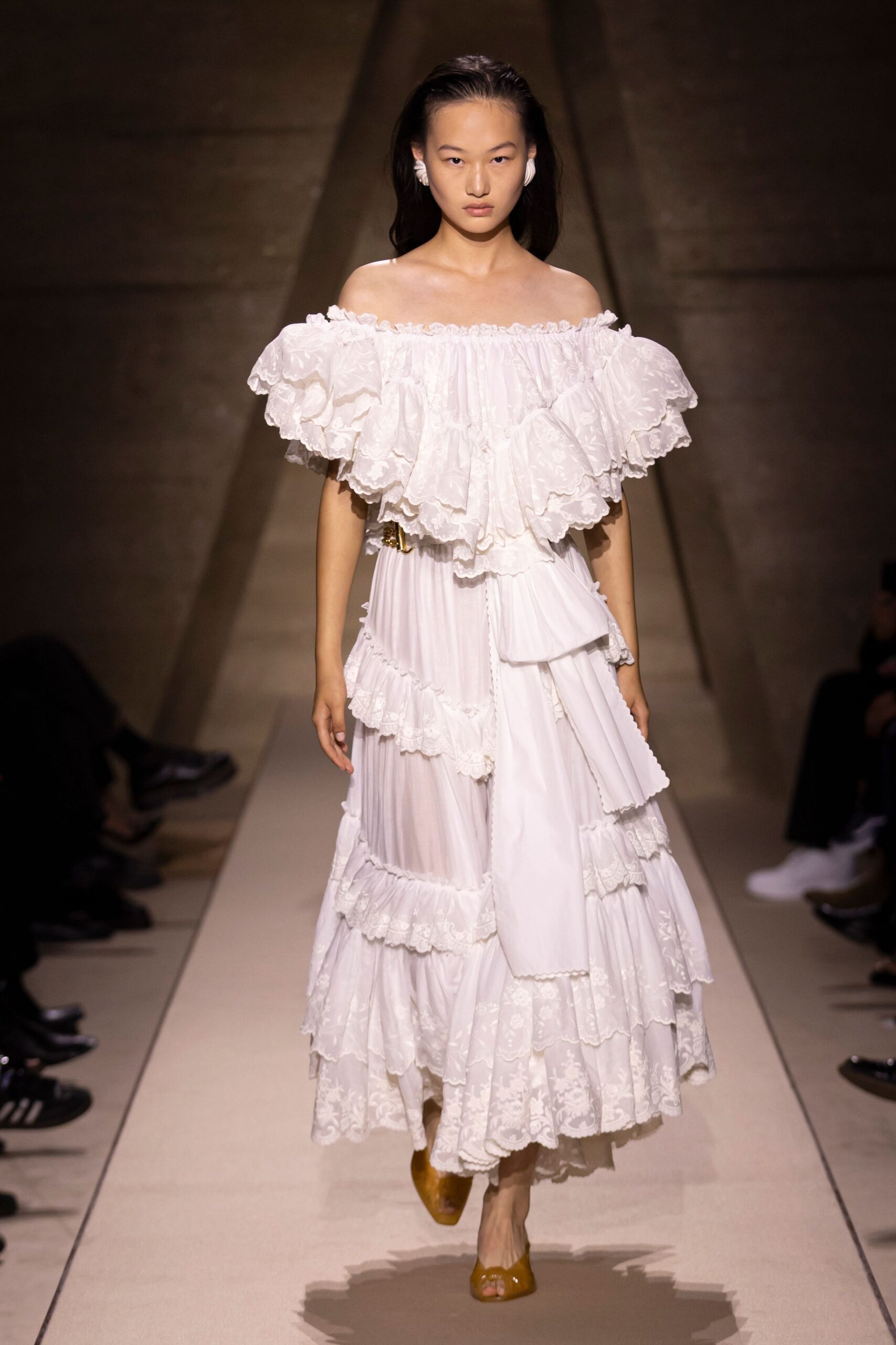 white cotton off-shoulder long-sleeve fitted ruffled tiered dress