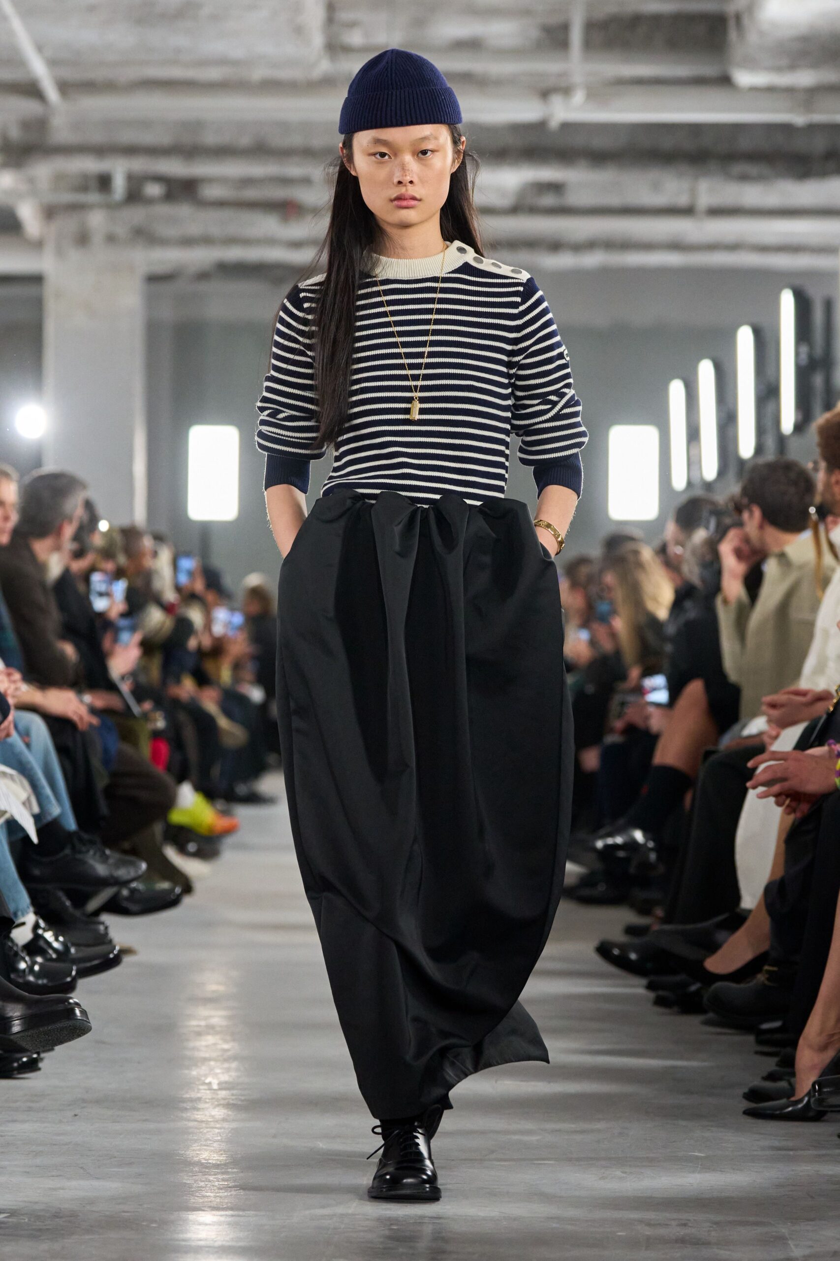 striped top black maxi skirt