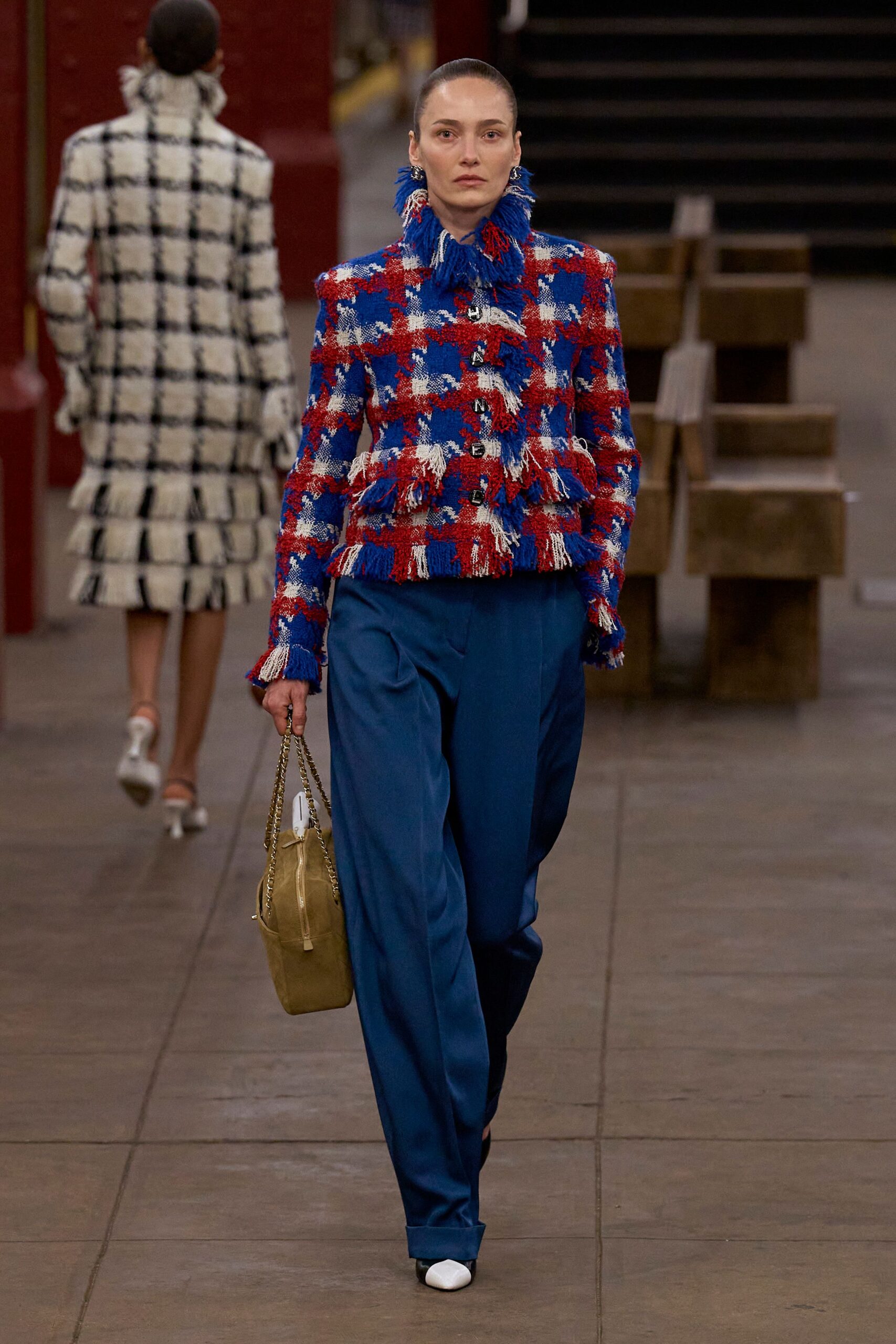 red cotton long-sleeve collared structured checked jacket