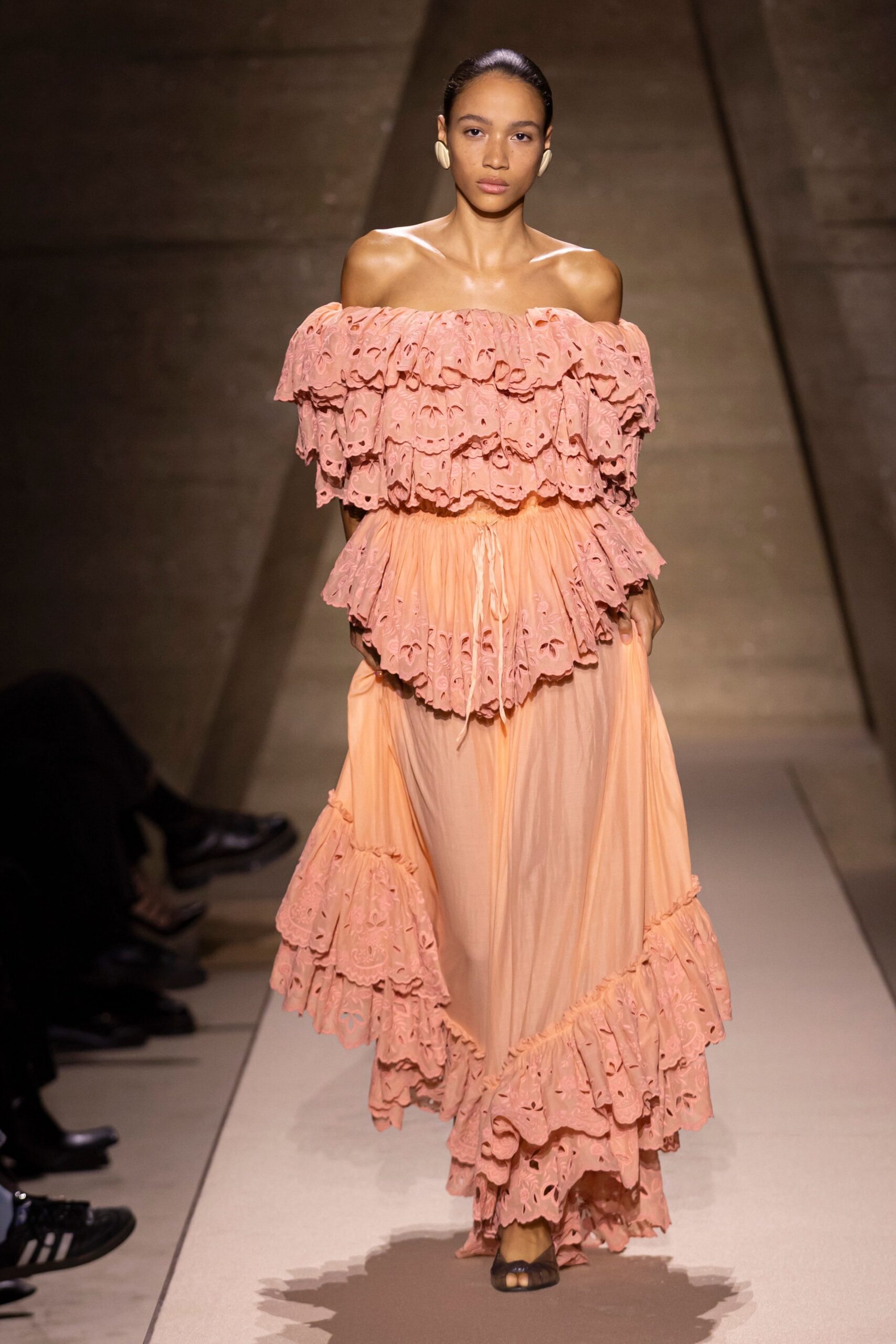 peach ruffled off-shoulder gown