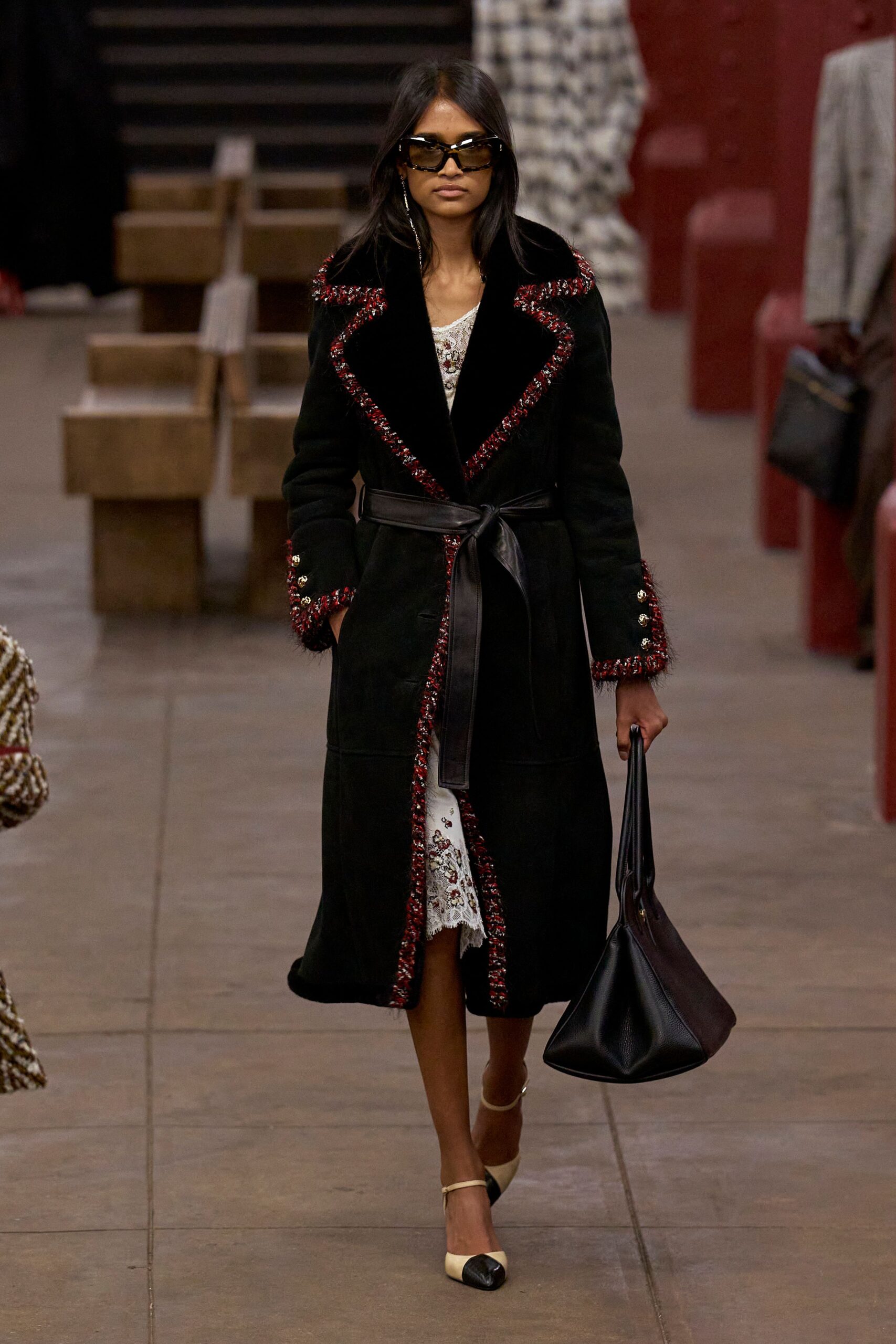 black suede long-sleeve collared fitted buttoned belted coat