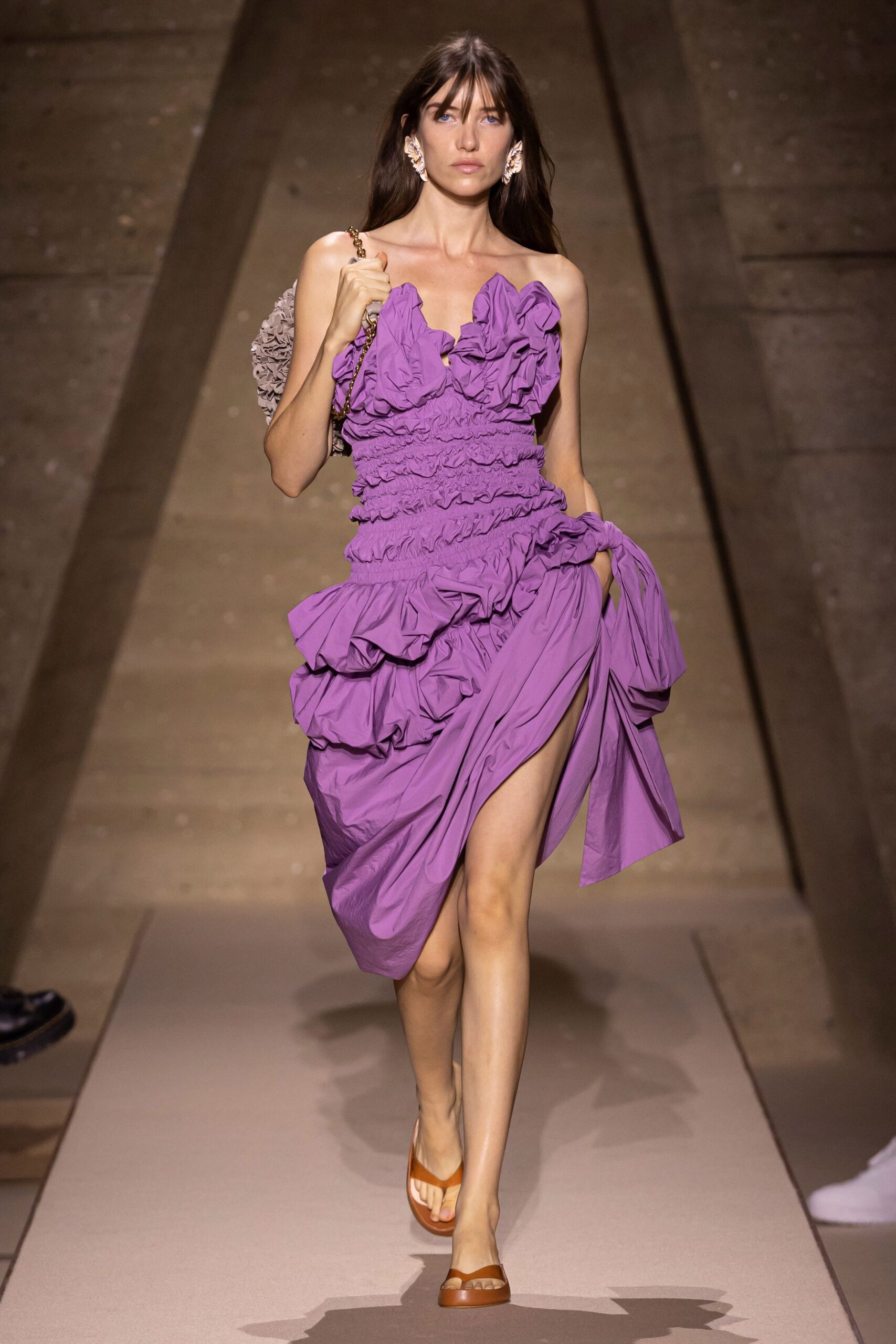 purple cotton sleeveless v-neck fitted ruffled tiered dress