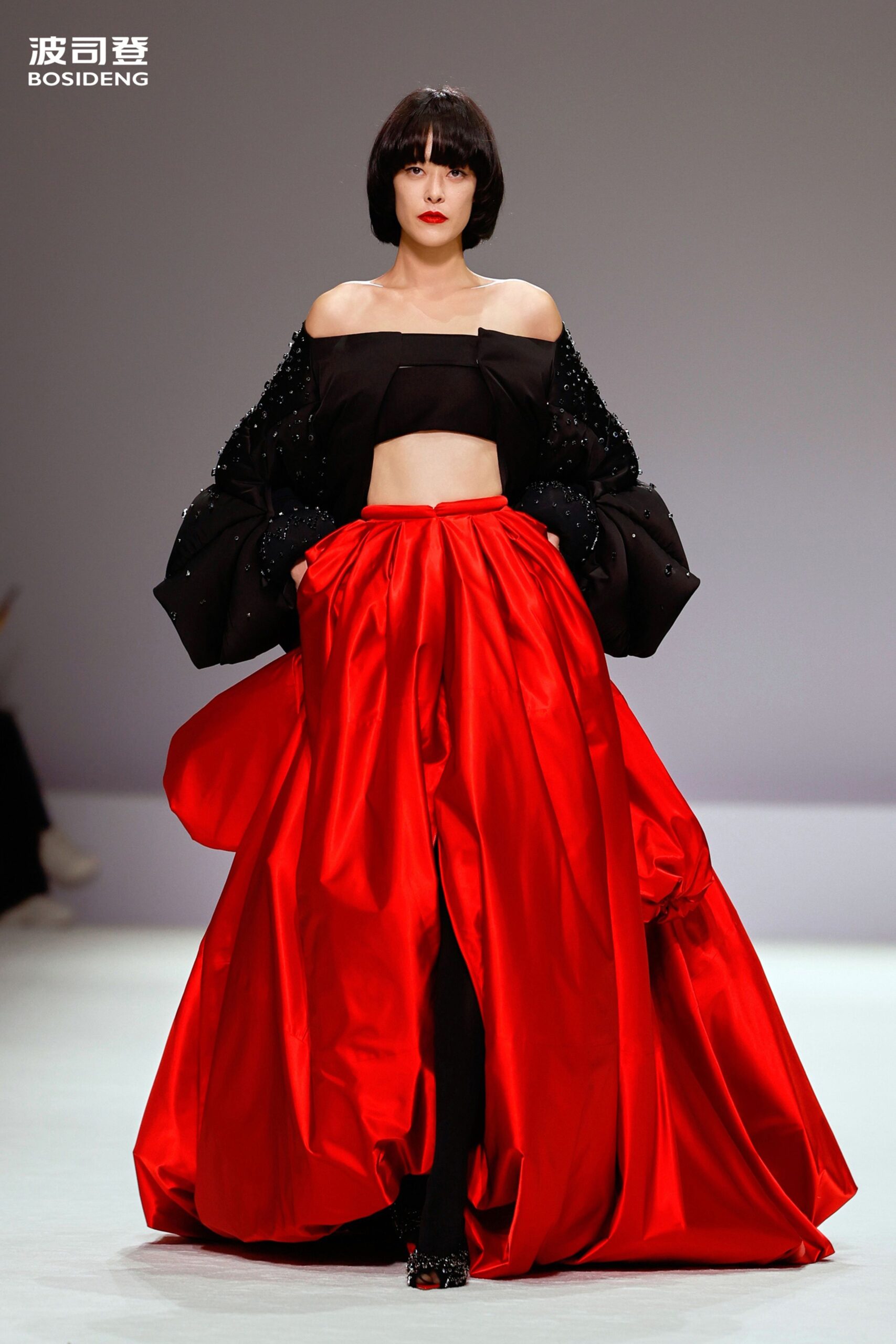 red satin fitted pleated shiny maxi skirt