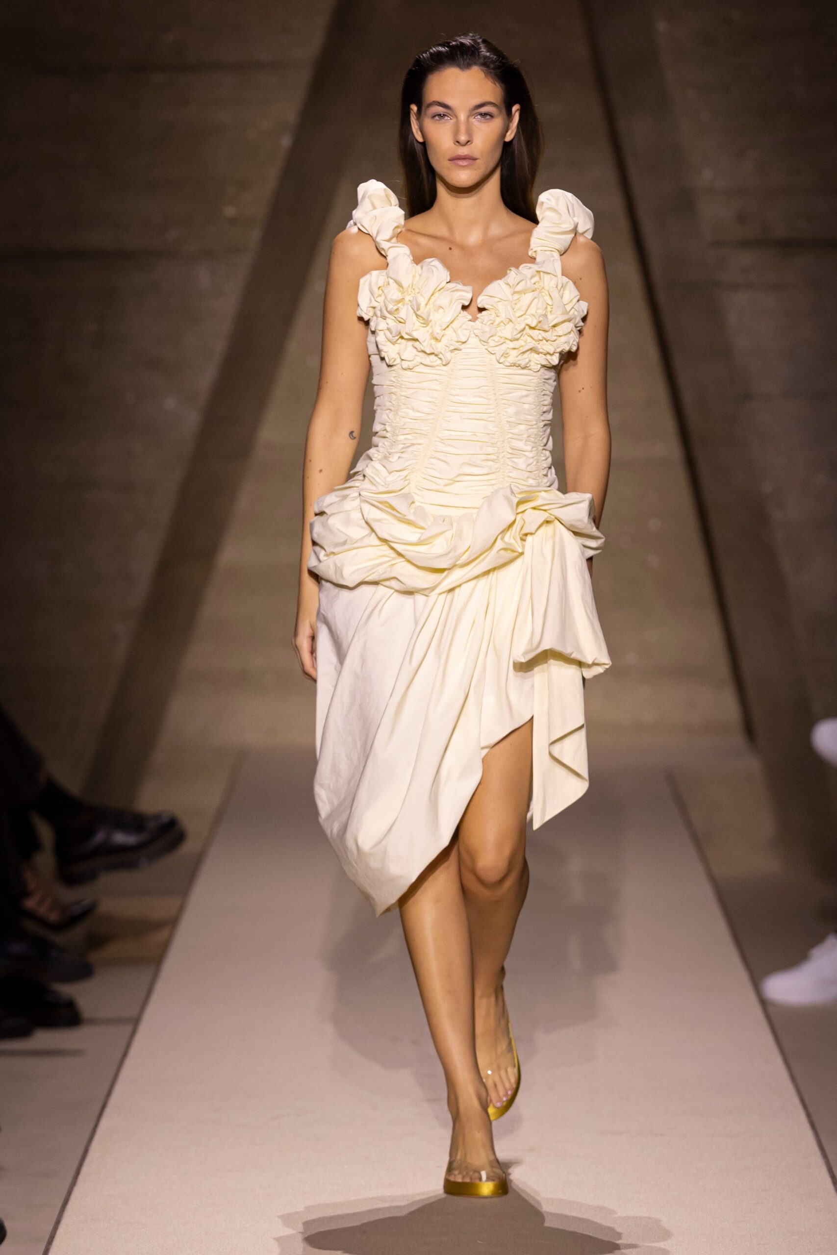 ivory silk sleeveless v-neck fitted ruffled draped dress