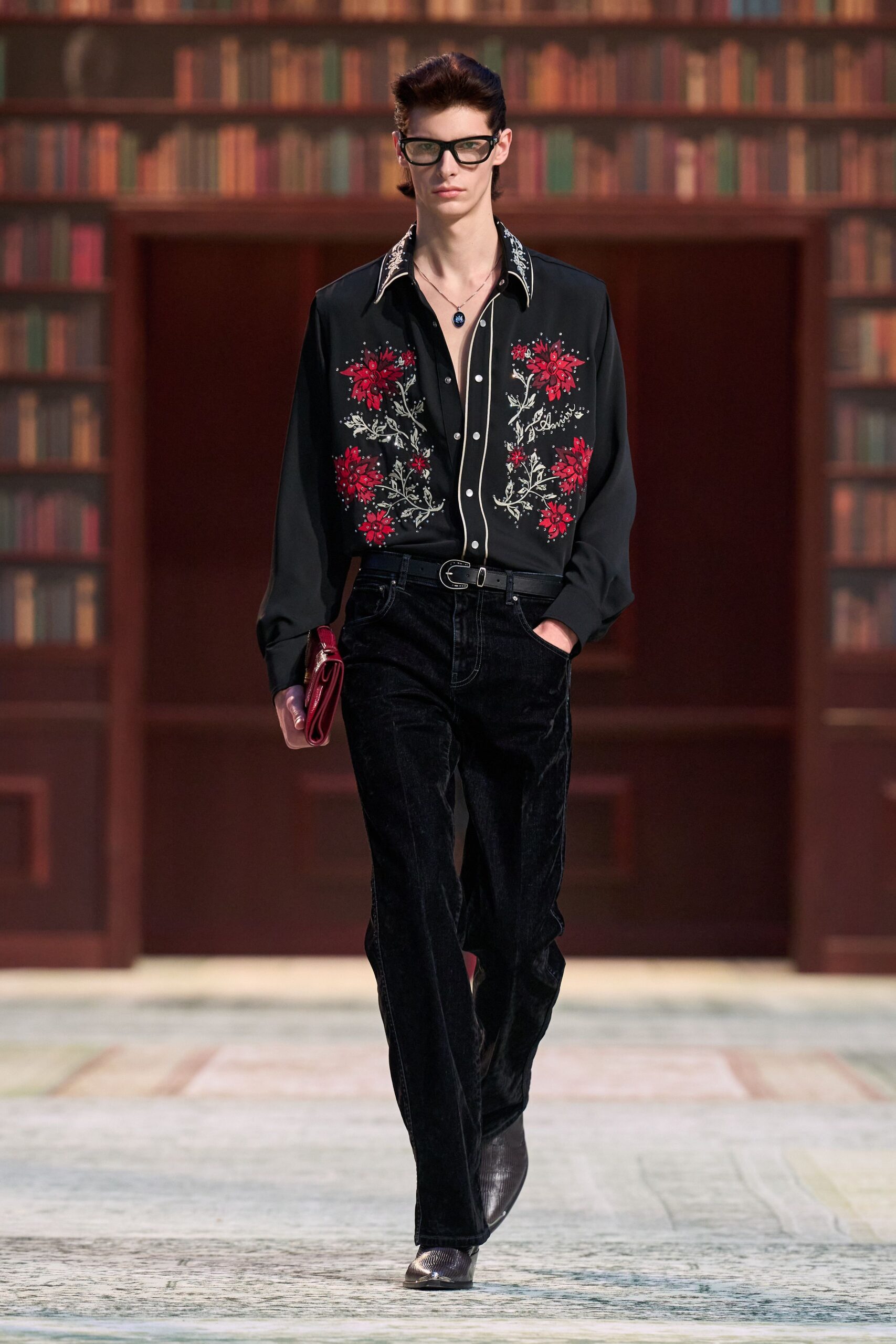 black embroidered shirt with velvet pants