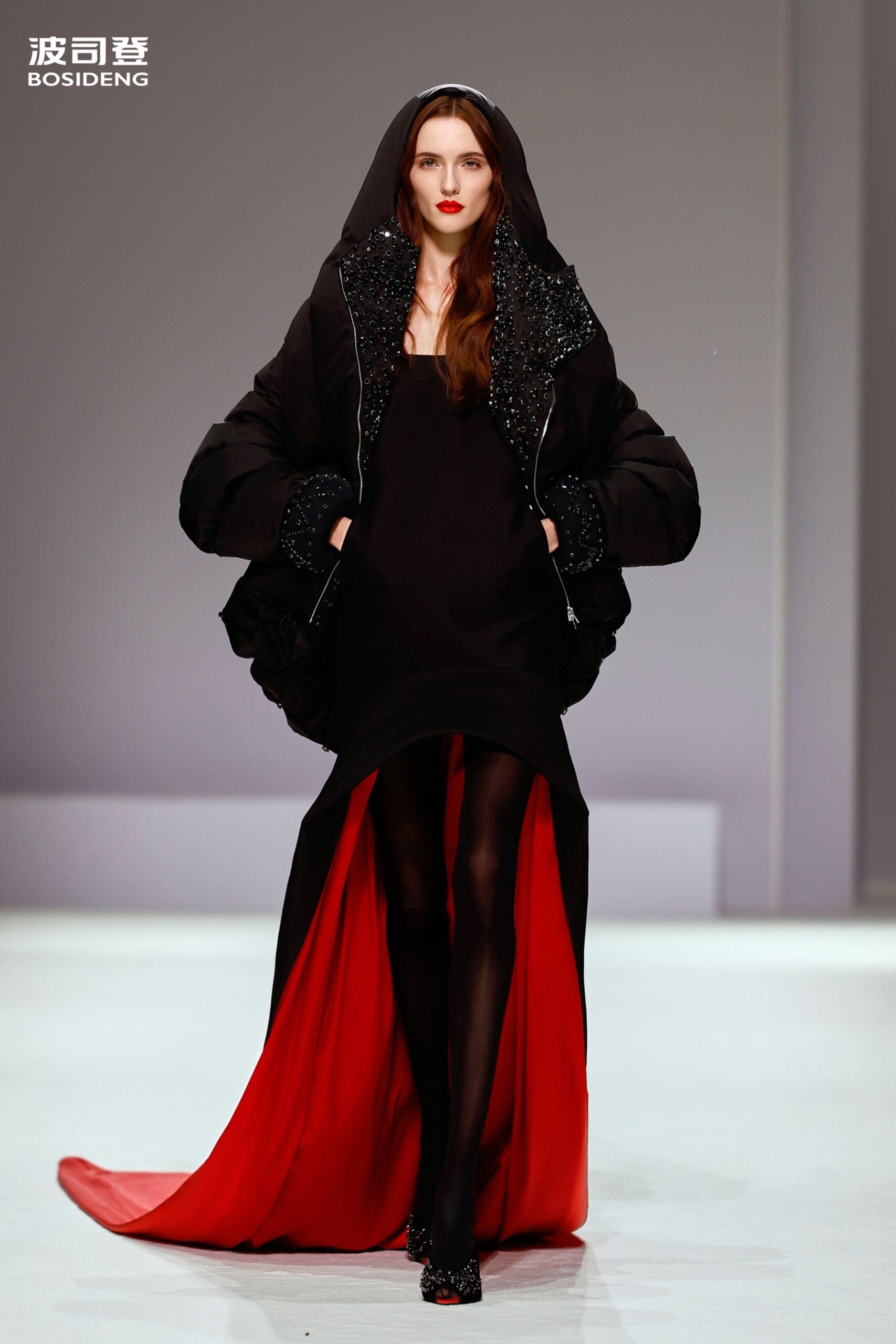black long-sleeve hooded oversized padded coat