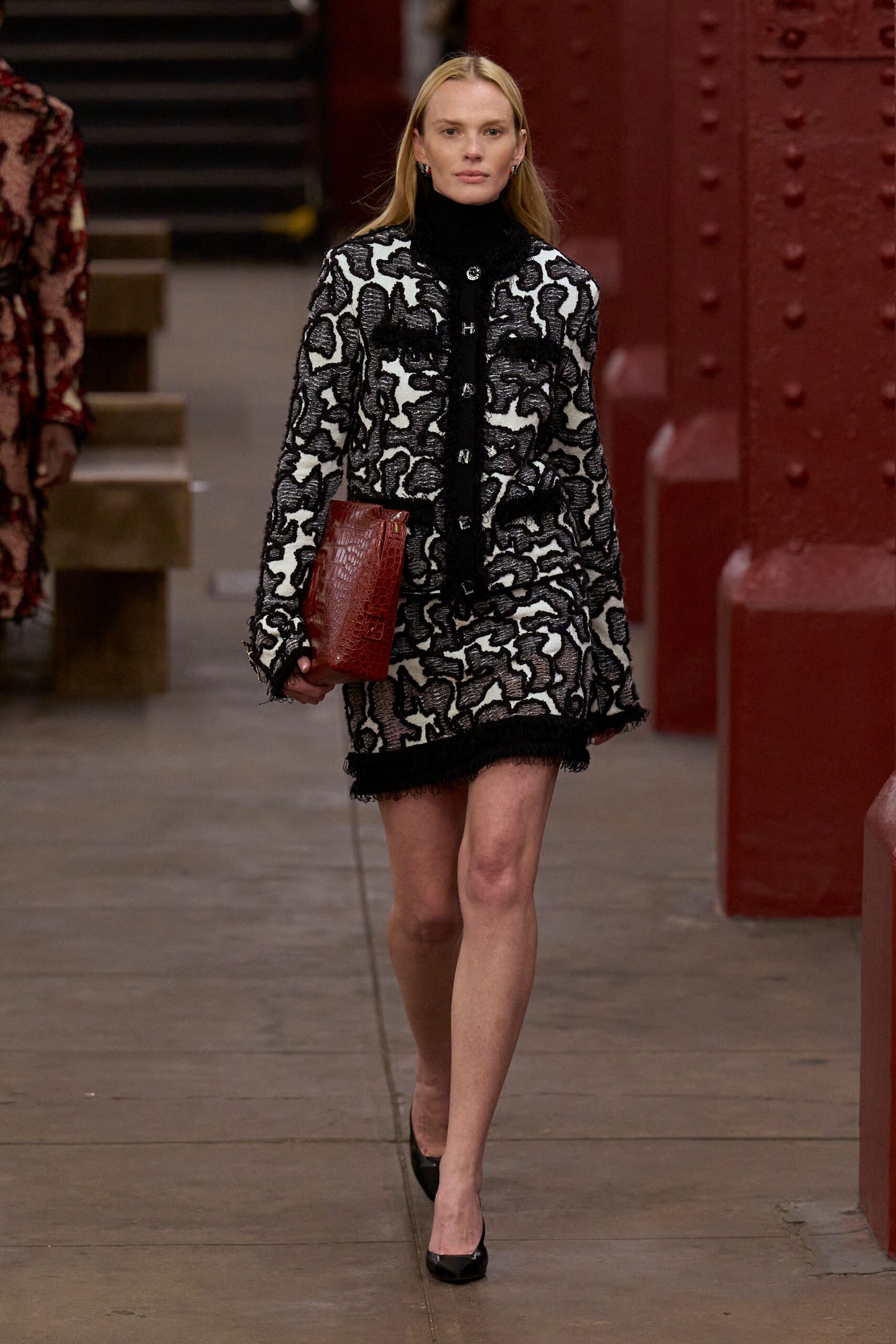 black wool long-sleeve collared fitted printed fringed dress