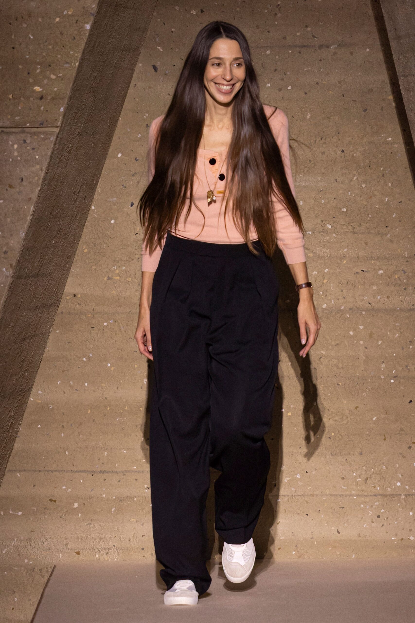 pink fitted top black relaxed pants