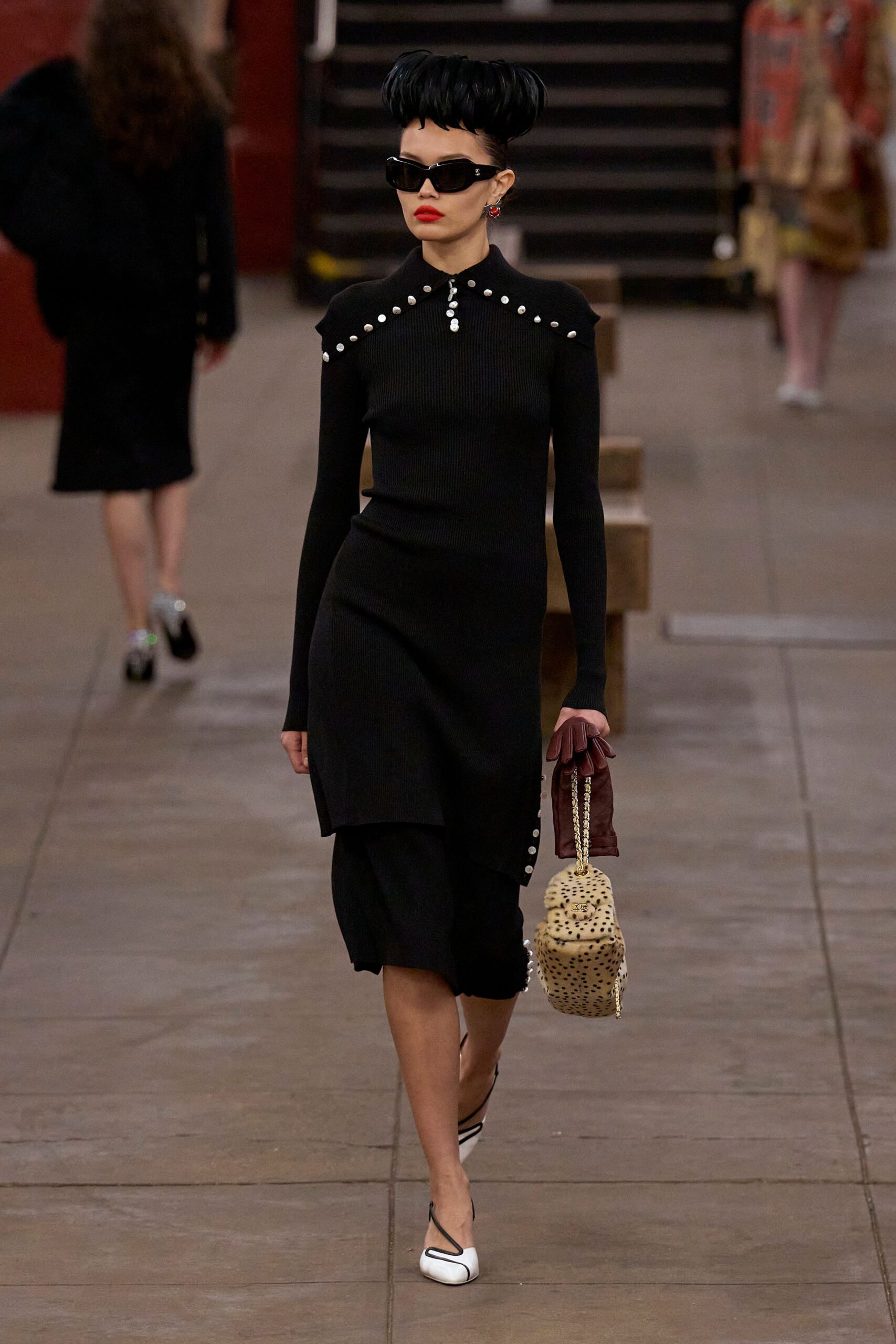 black cotton long-sleeve high-neck fitted buttoned midi dress