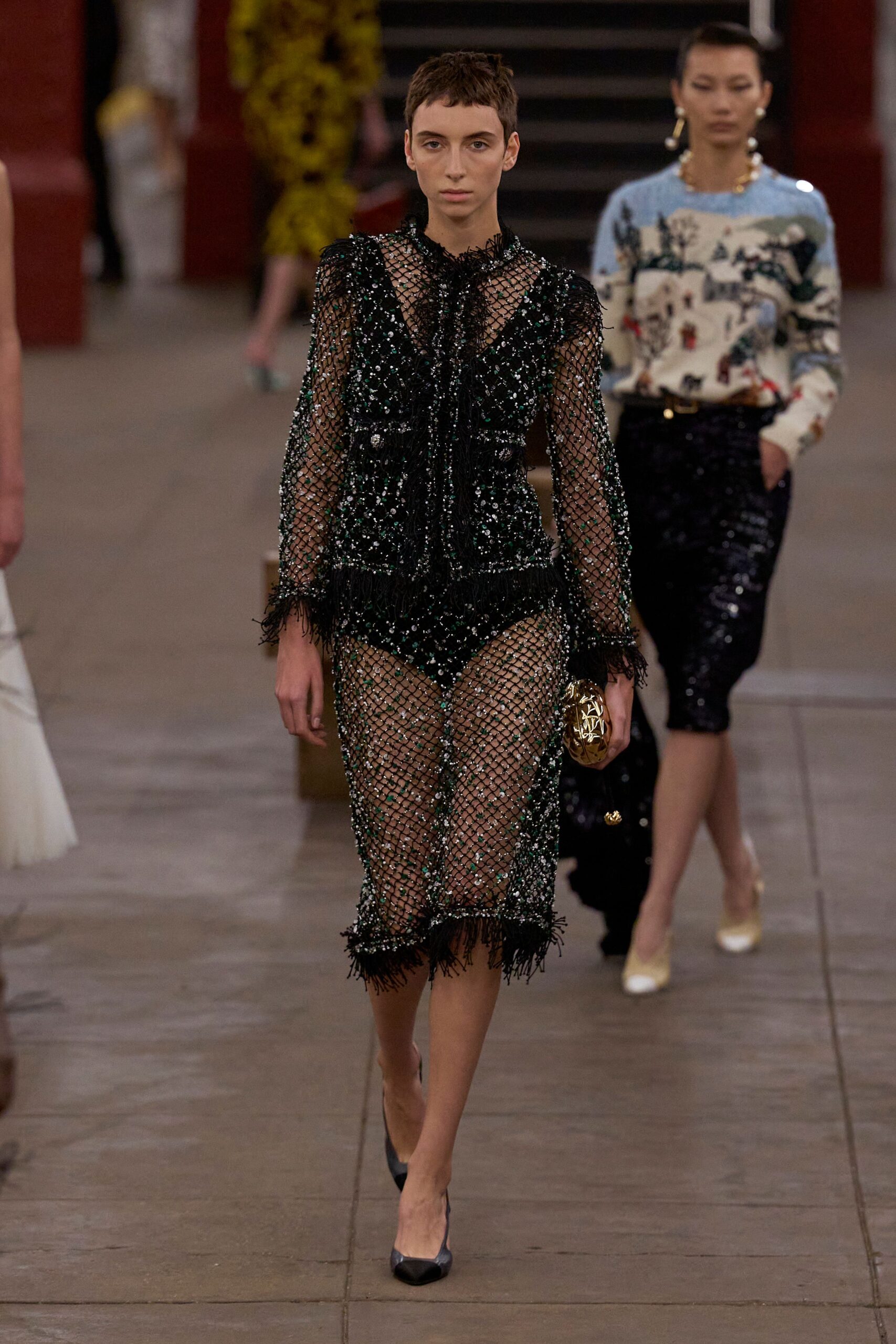 black silk long-sleeve v-neck fitted fringed embroidered dress