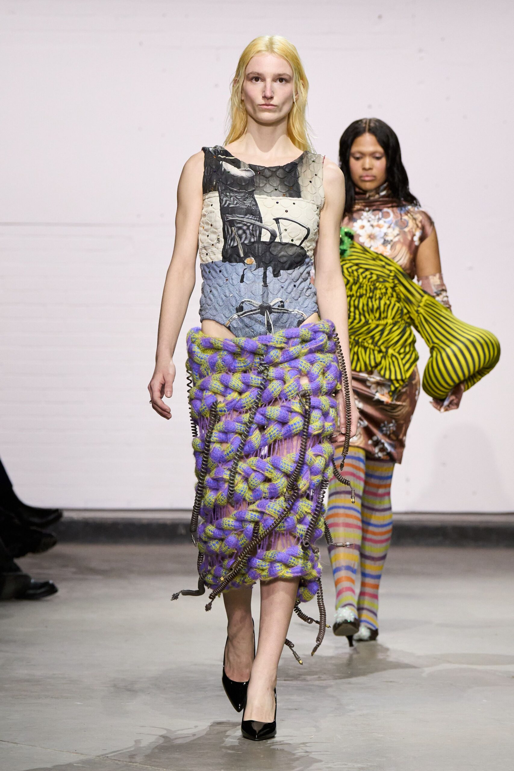 multi-colored fitted dress with pleated skirt