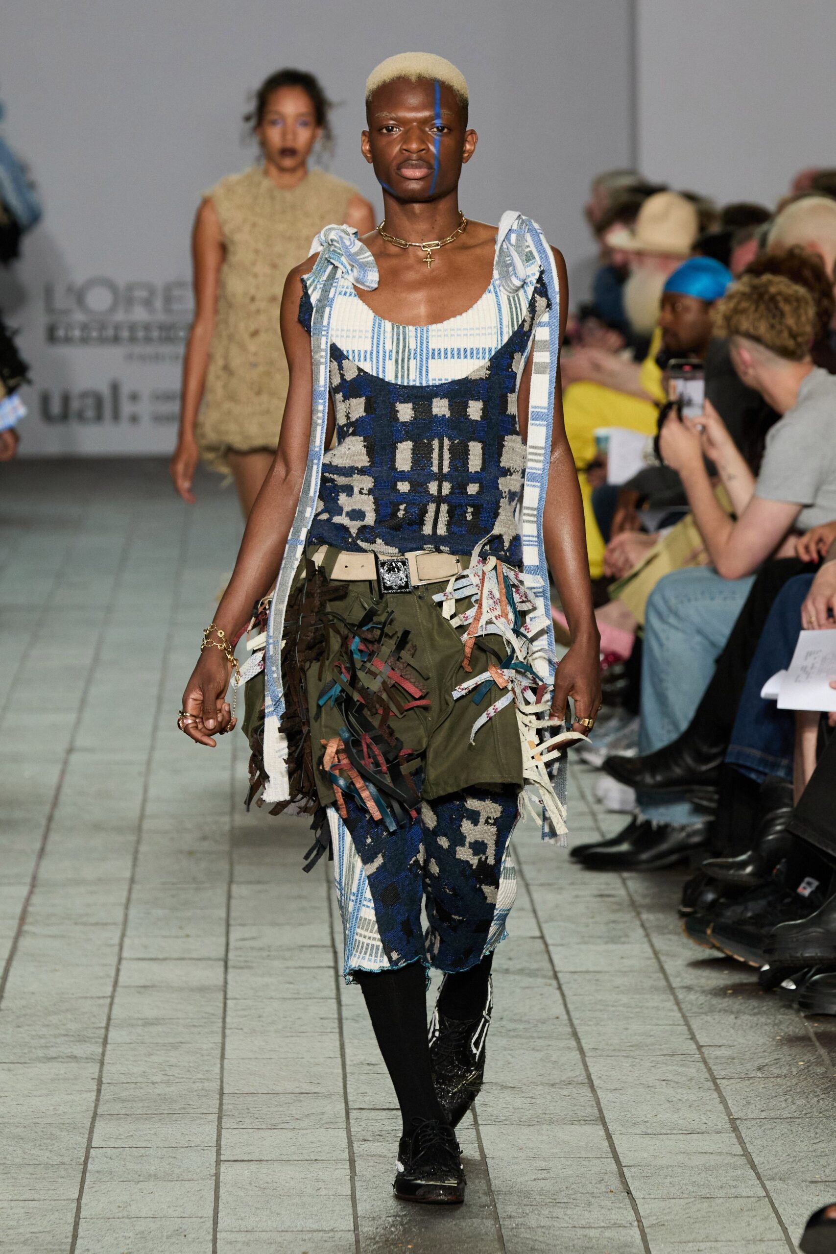 blue cotton sleeveless relaxed layered patchwork jumpsuit