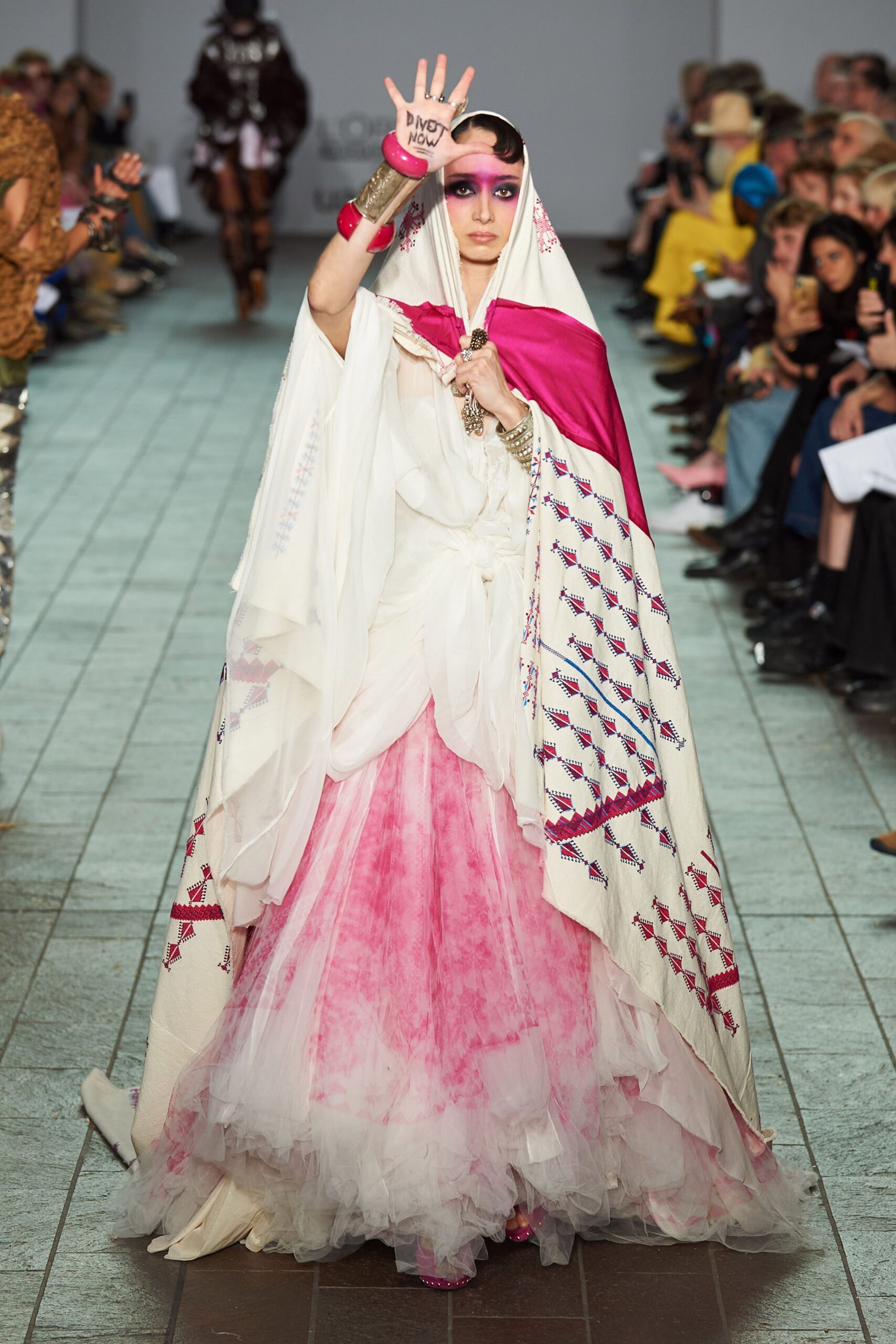 white silk long-sleeve relaxed embroidered cape