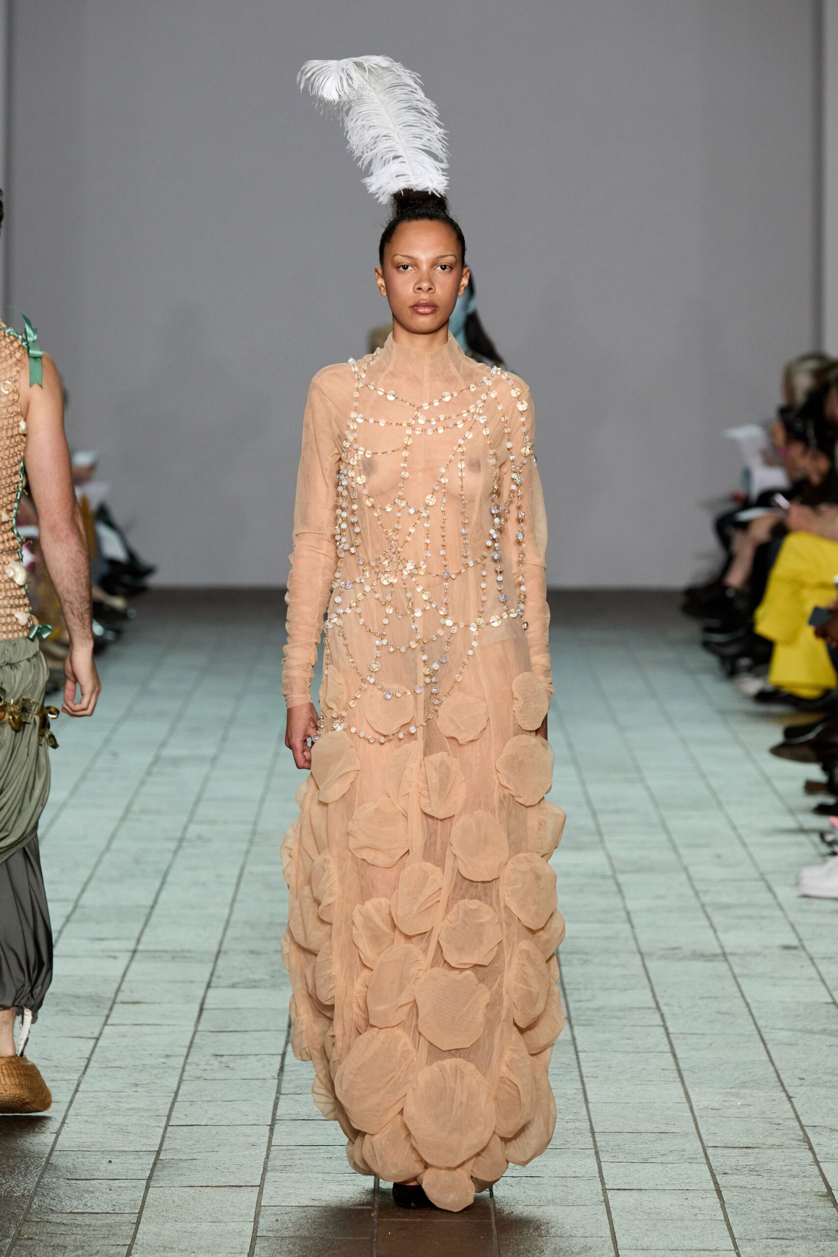 beige silk long-sleeve high-neck fitted pleated embroidered gown