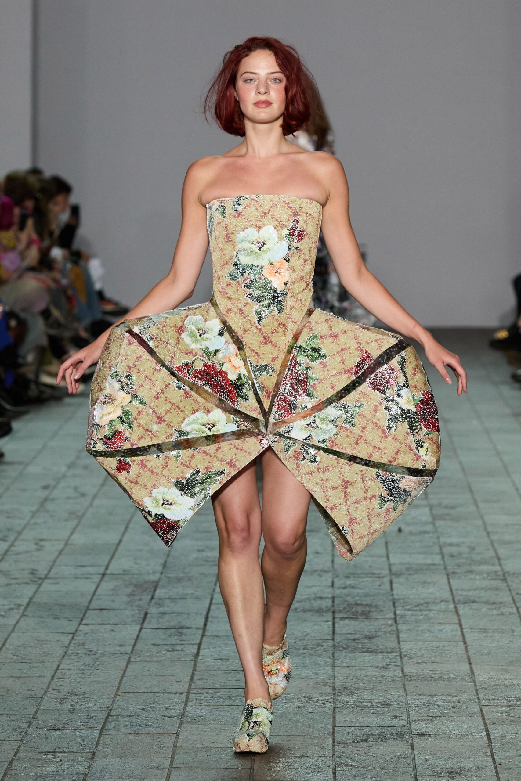 beige silk strapless fitted floral flared mini dress