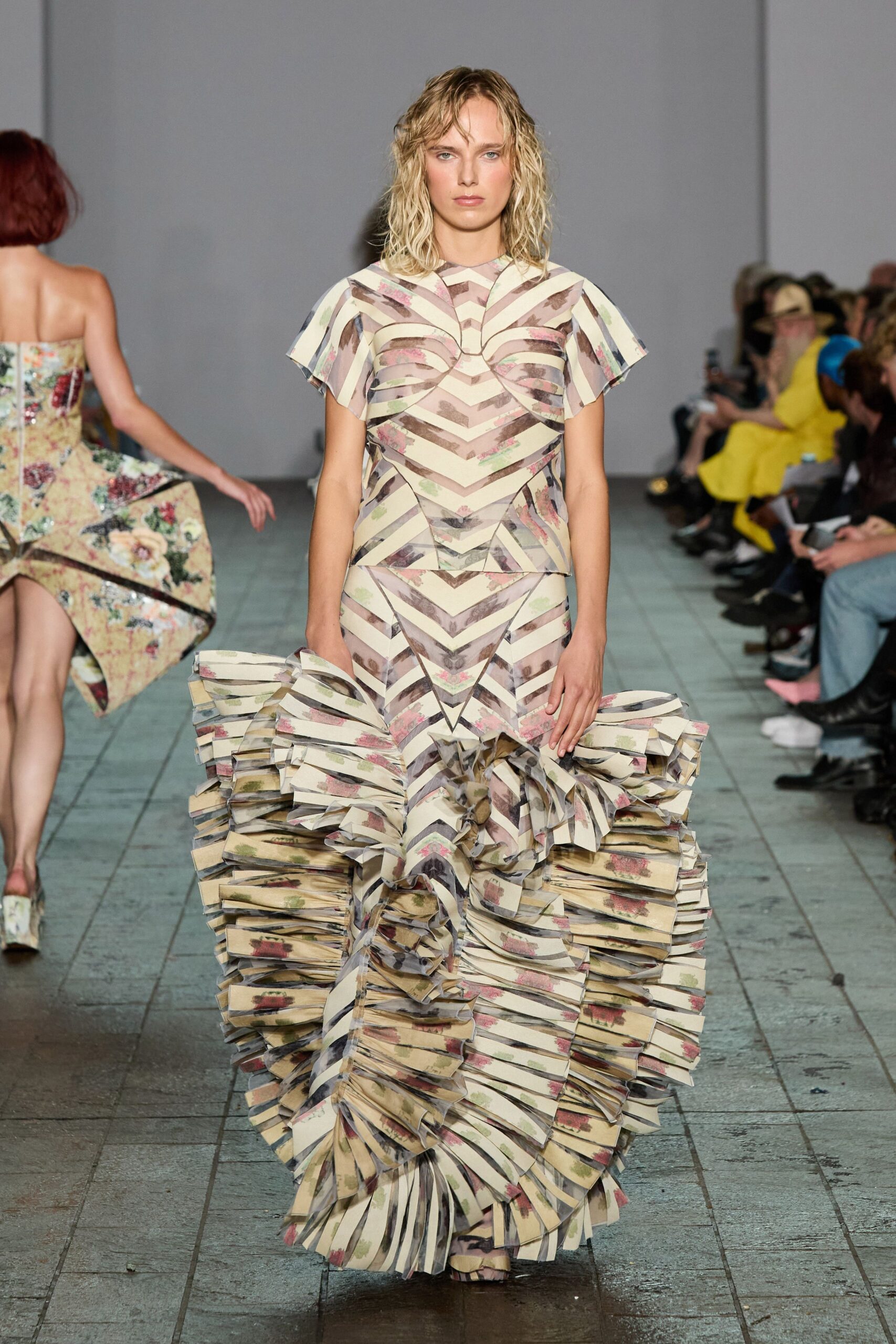 beige and pink pleated gown