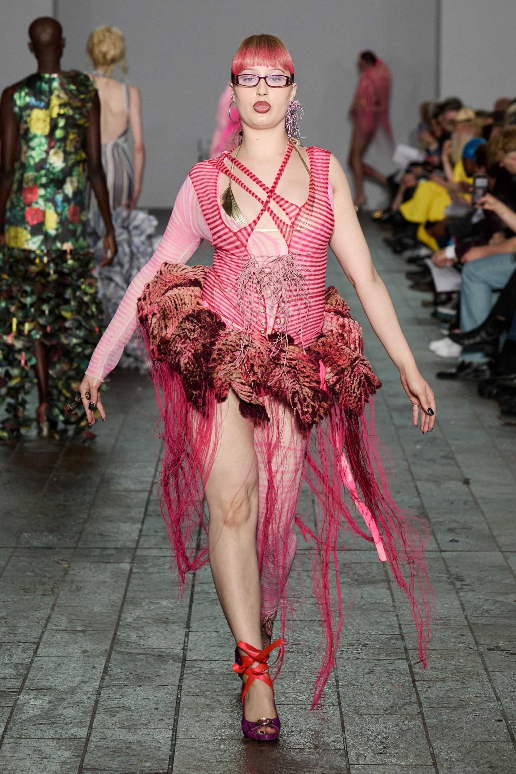 pink silk sleeveless v-neck fitted fringed layered dress