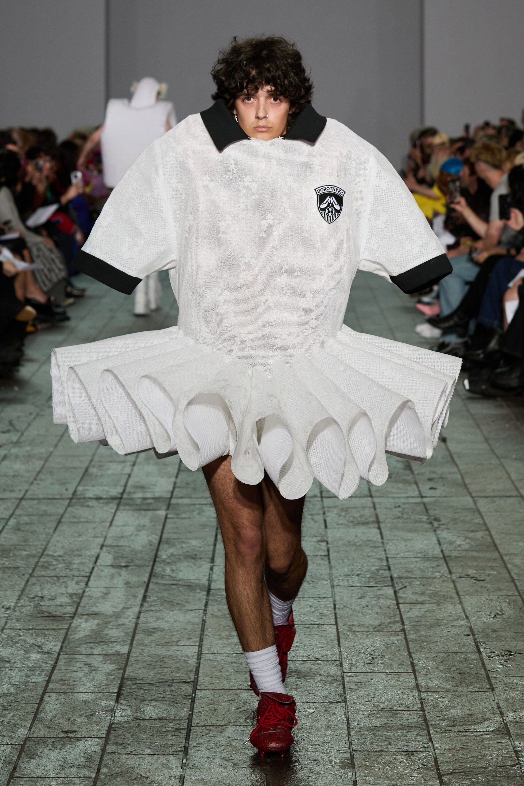 white cotton short-sleeve collared fitted pleated layered dress