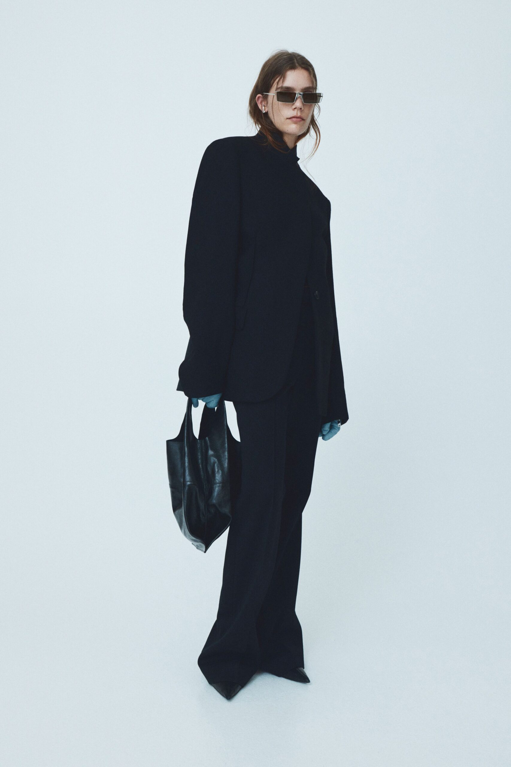 oversized black blazer with wide-leg pants