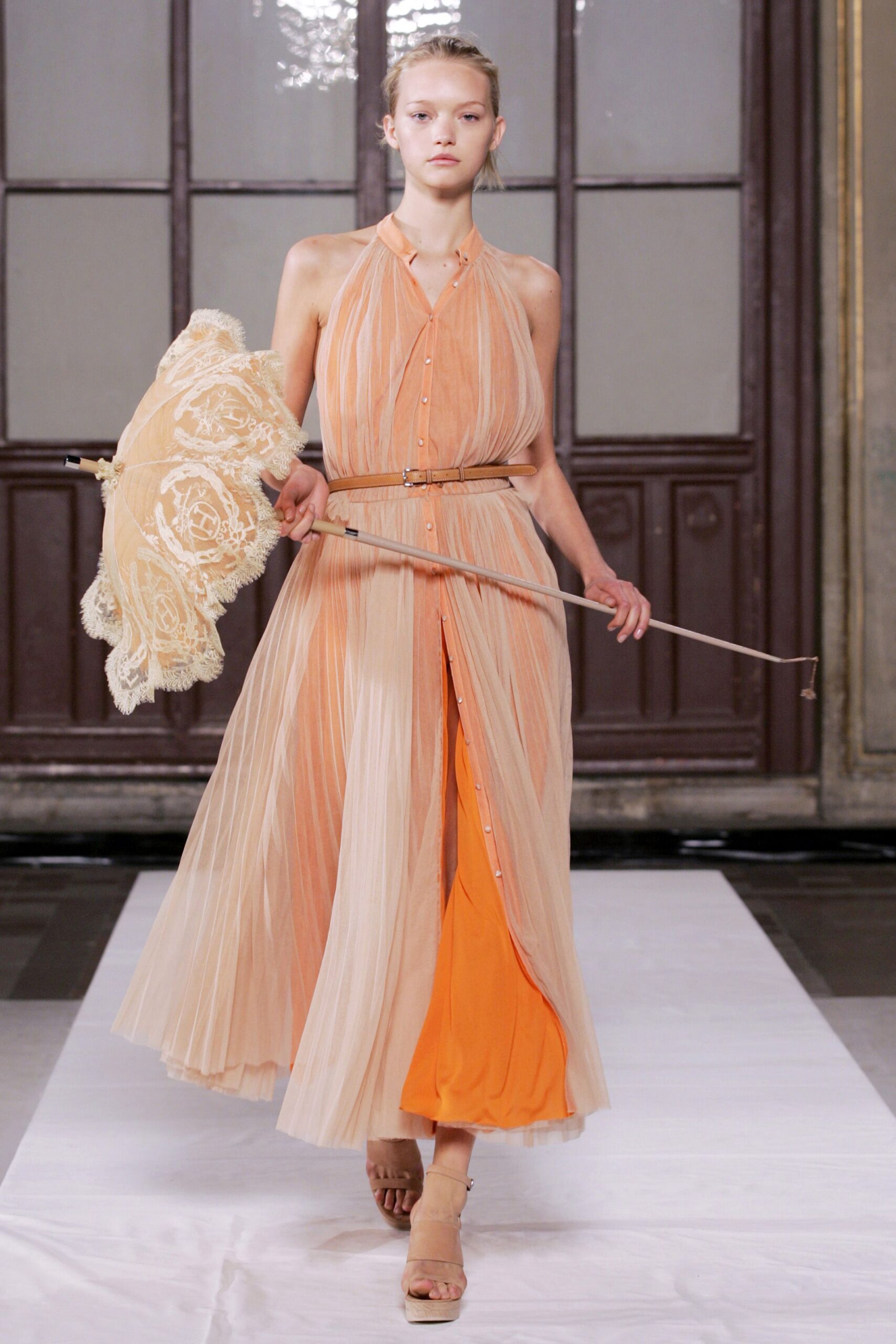 sheer pleated halter gown
