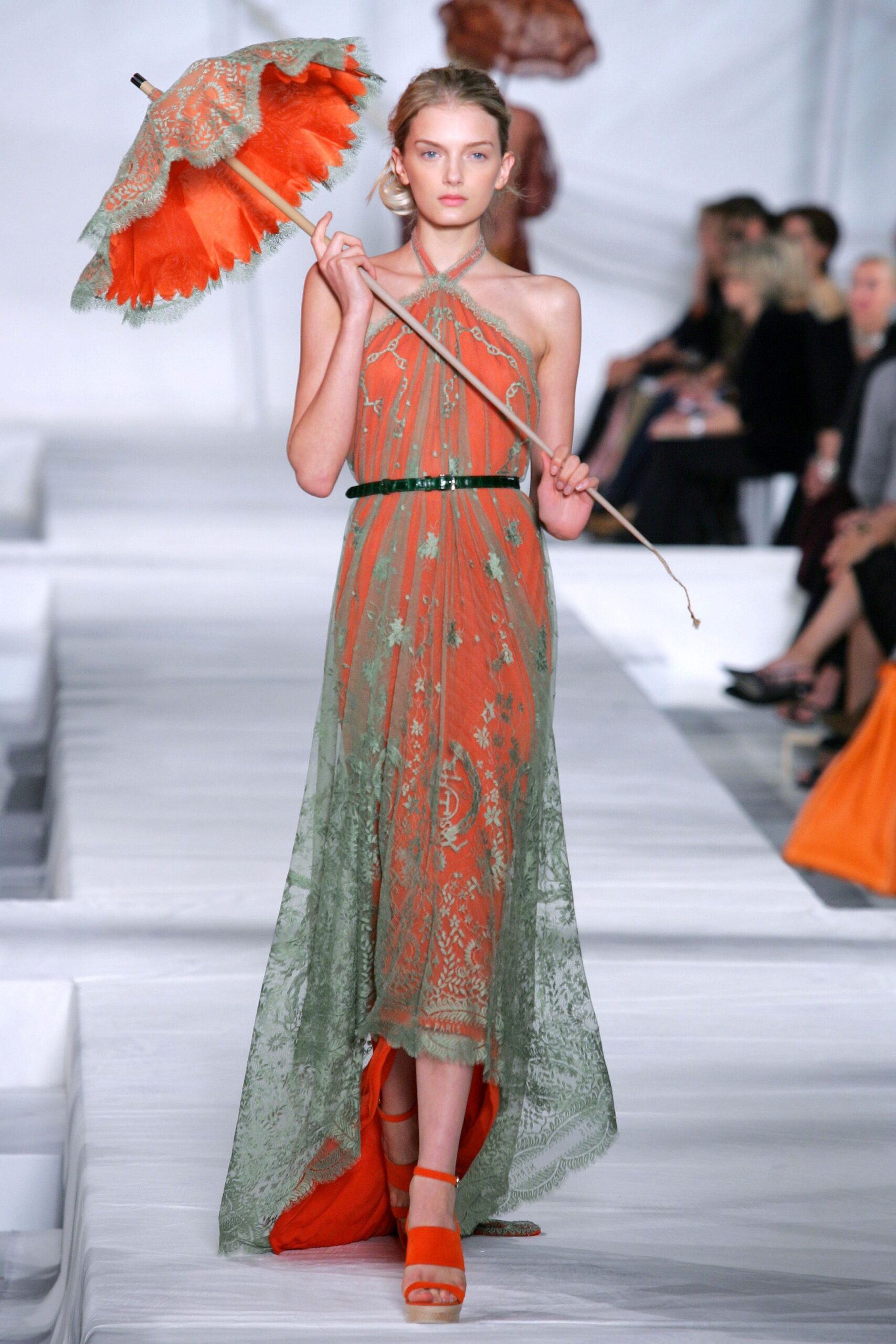 orange green halter lace gown