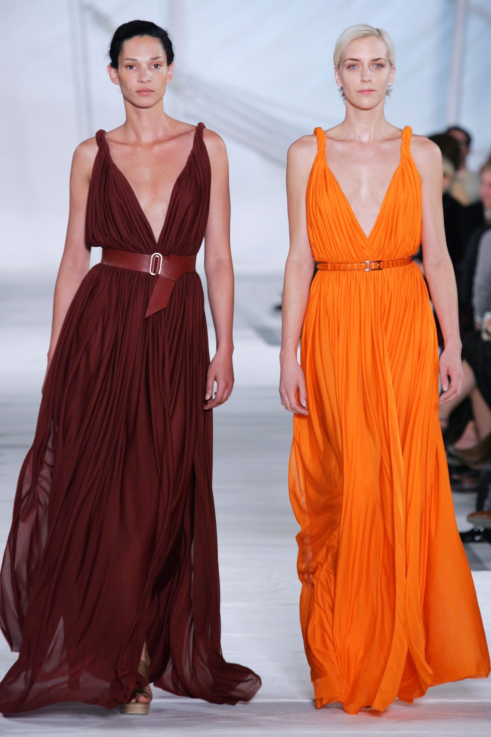 orange draped chiffon maxi gown
