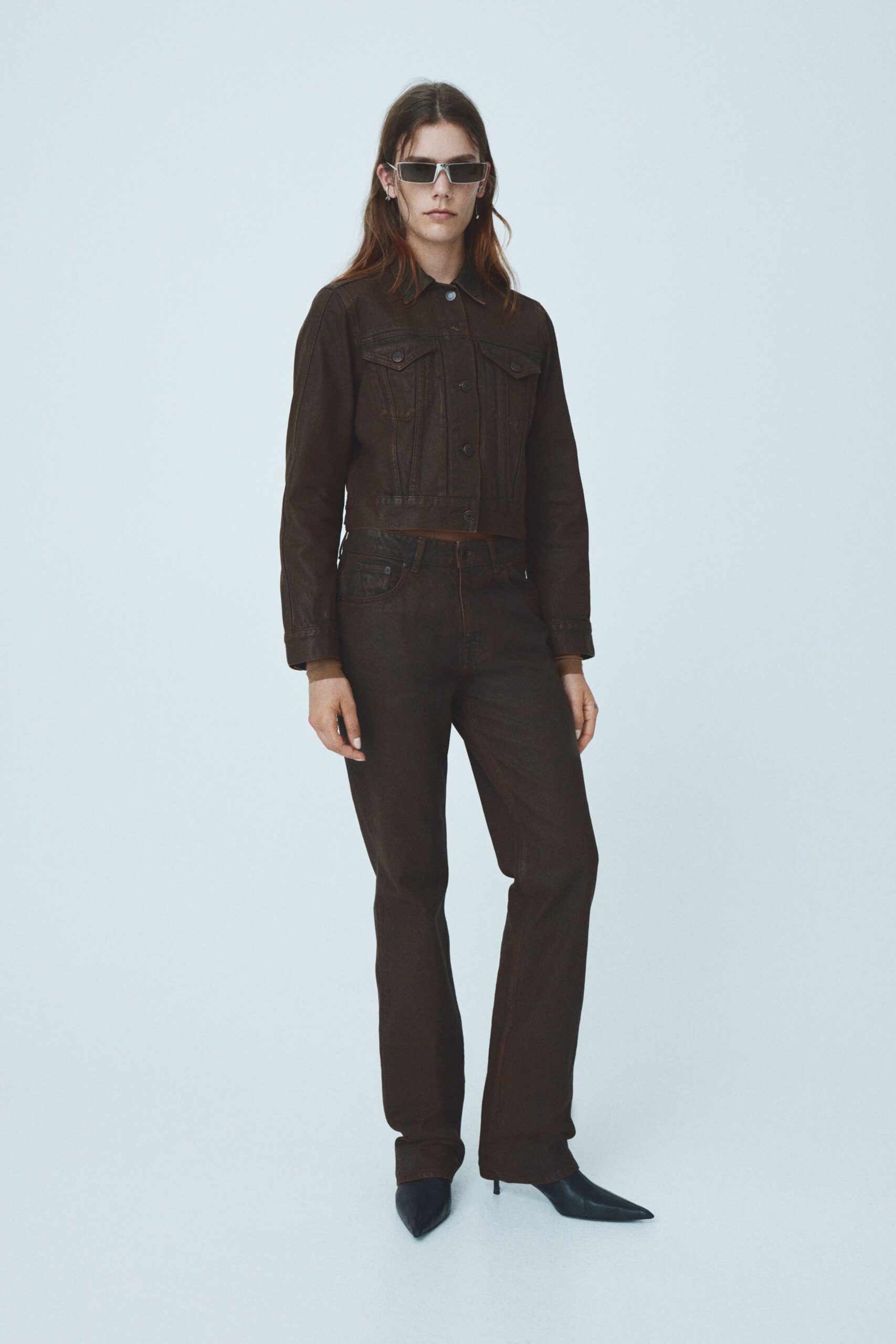 brown denim slim straight-leg pants