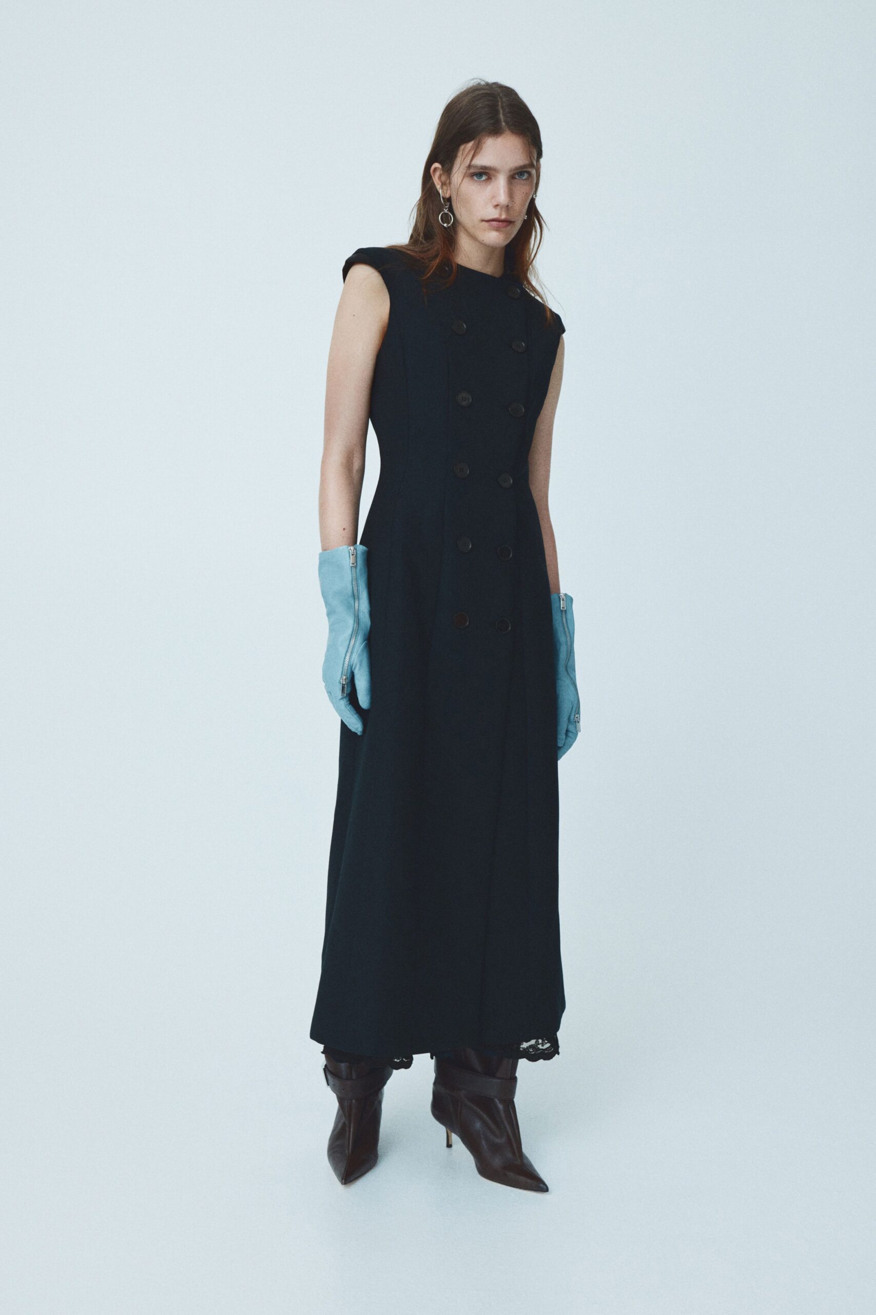 black cotton sleeveless collared fitted buttoned a-line dress