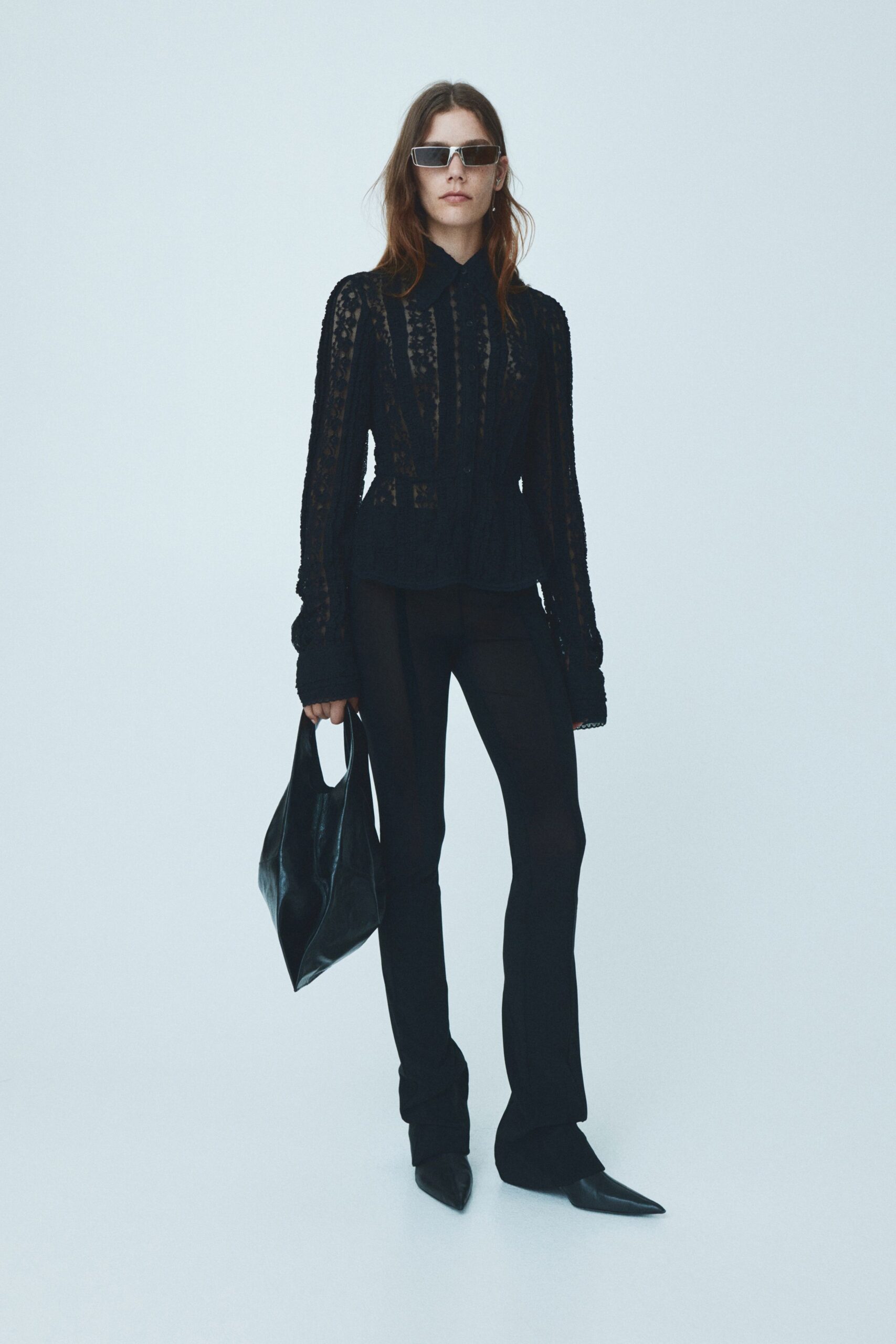 black lace long-sleeve collared fitted ruffled sheer blouse