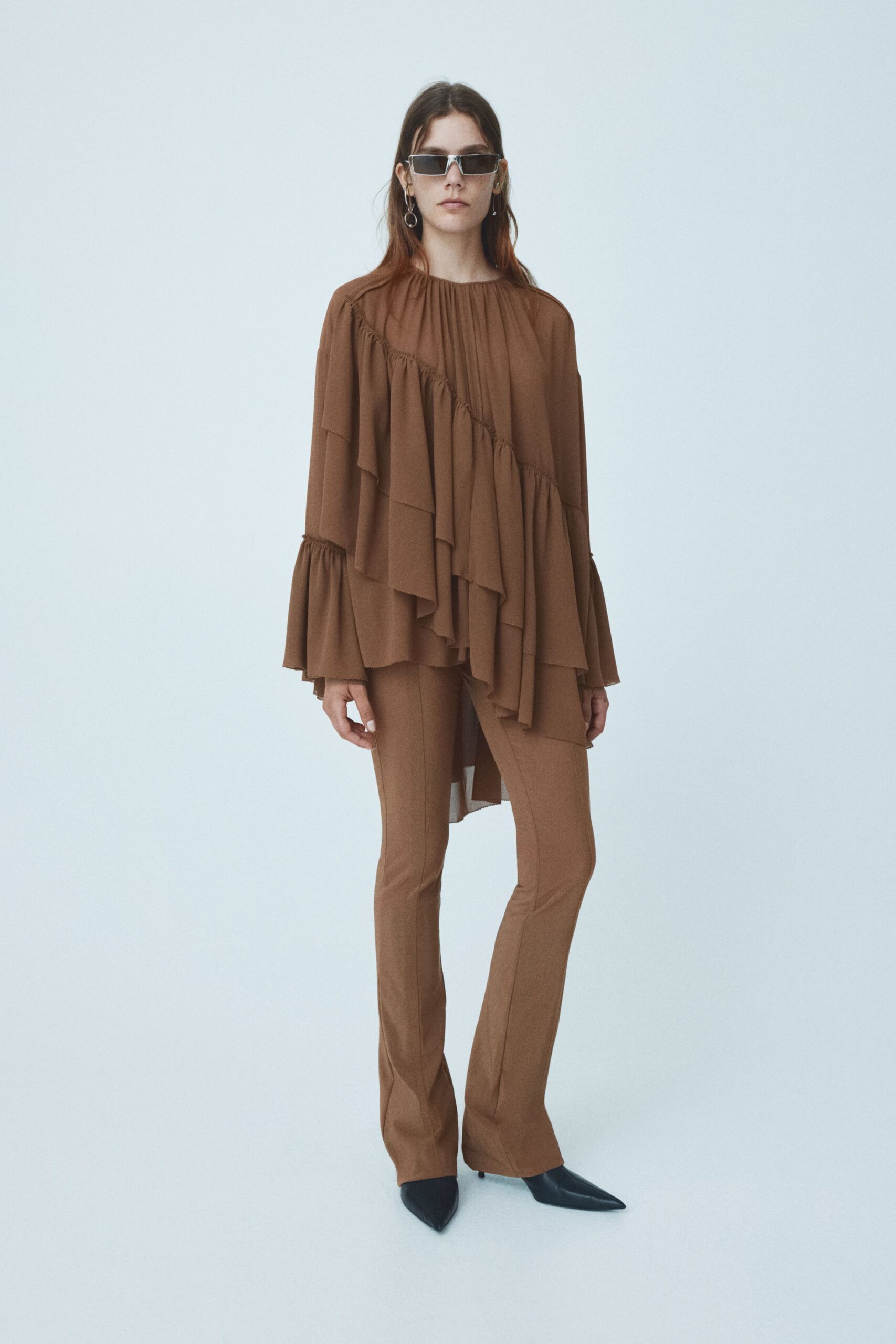 brown cotton fitted flared pants