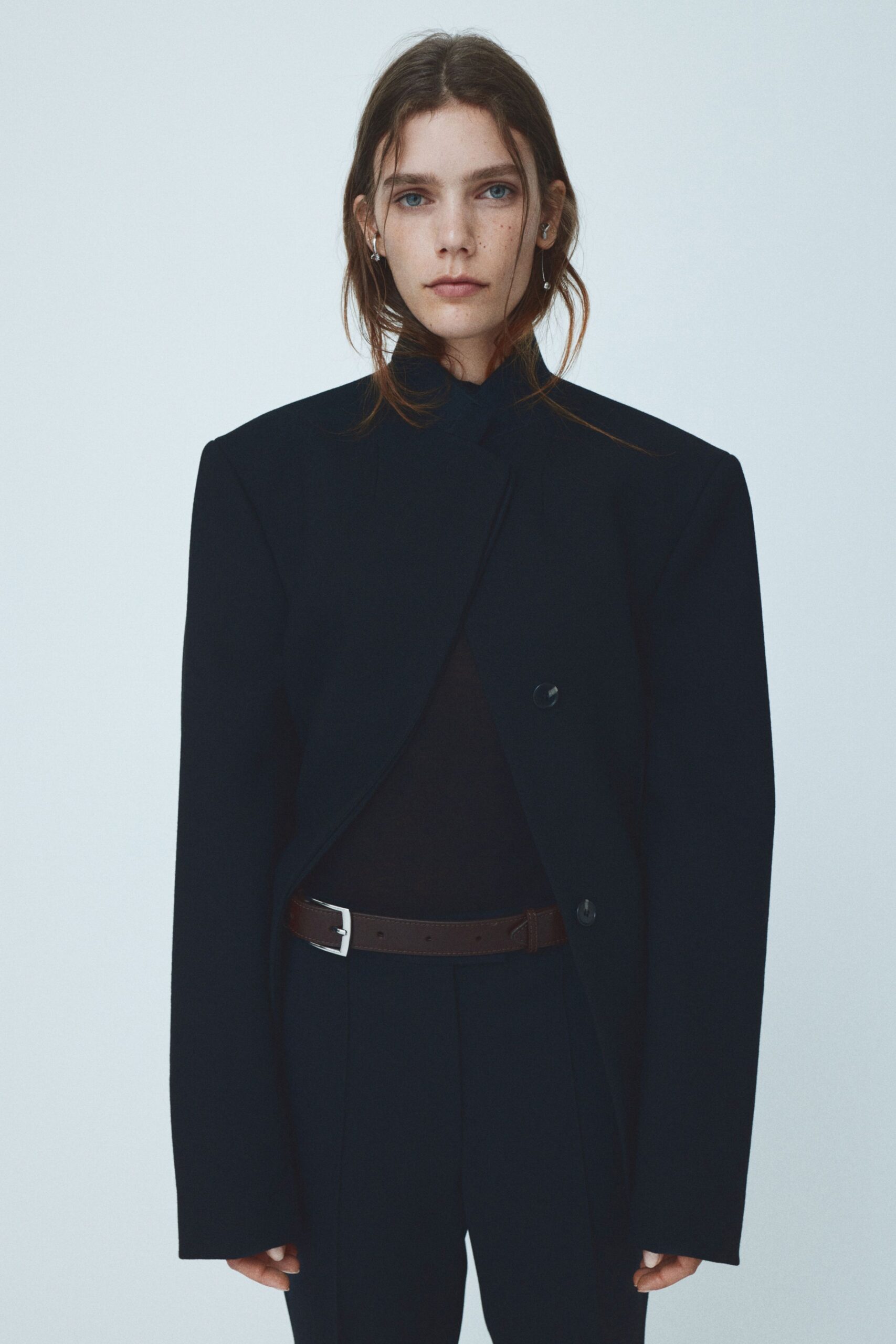 oversized black blazer with fitted top and tailored pants