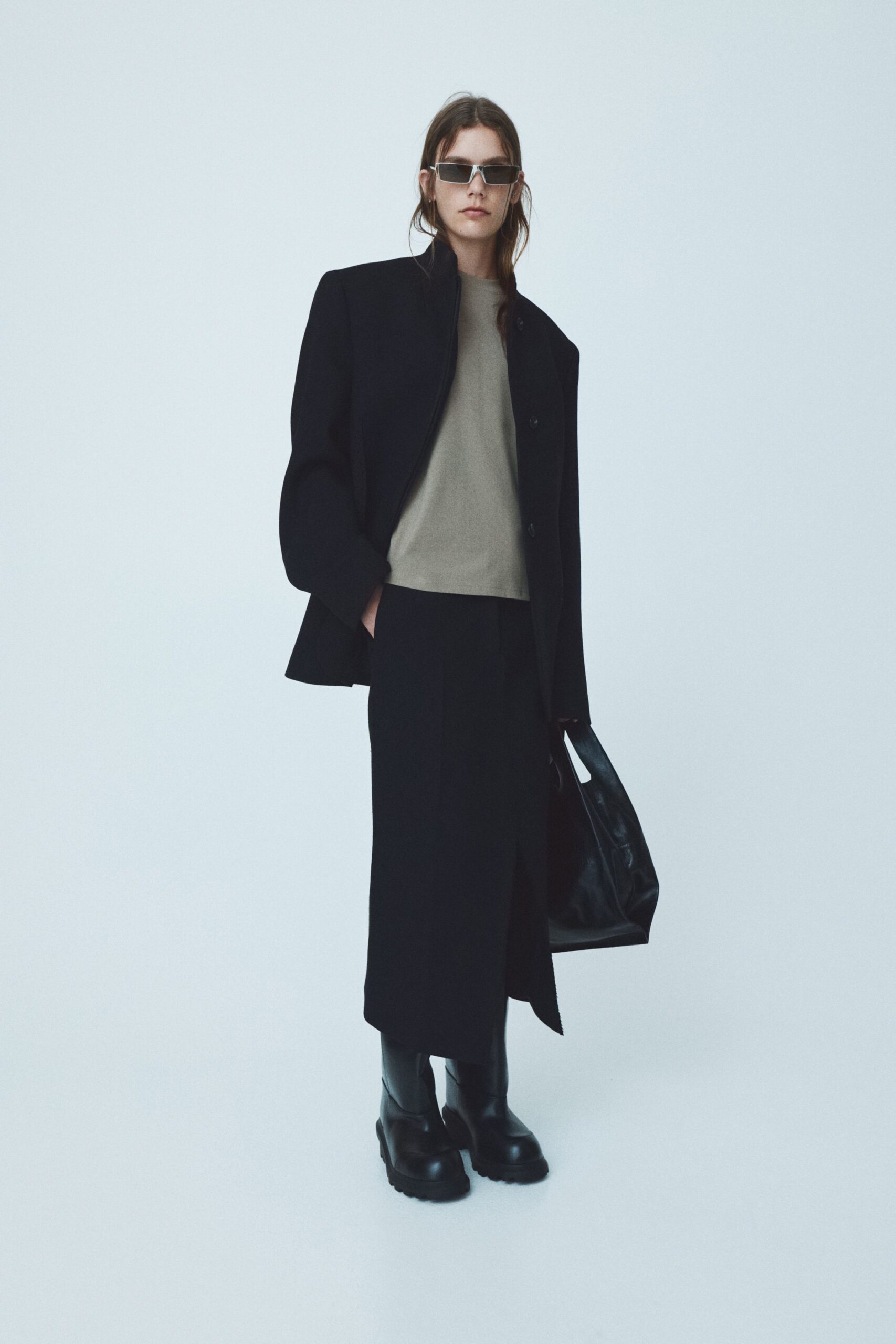 black wool slit fitted midi skirt