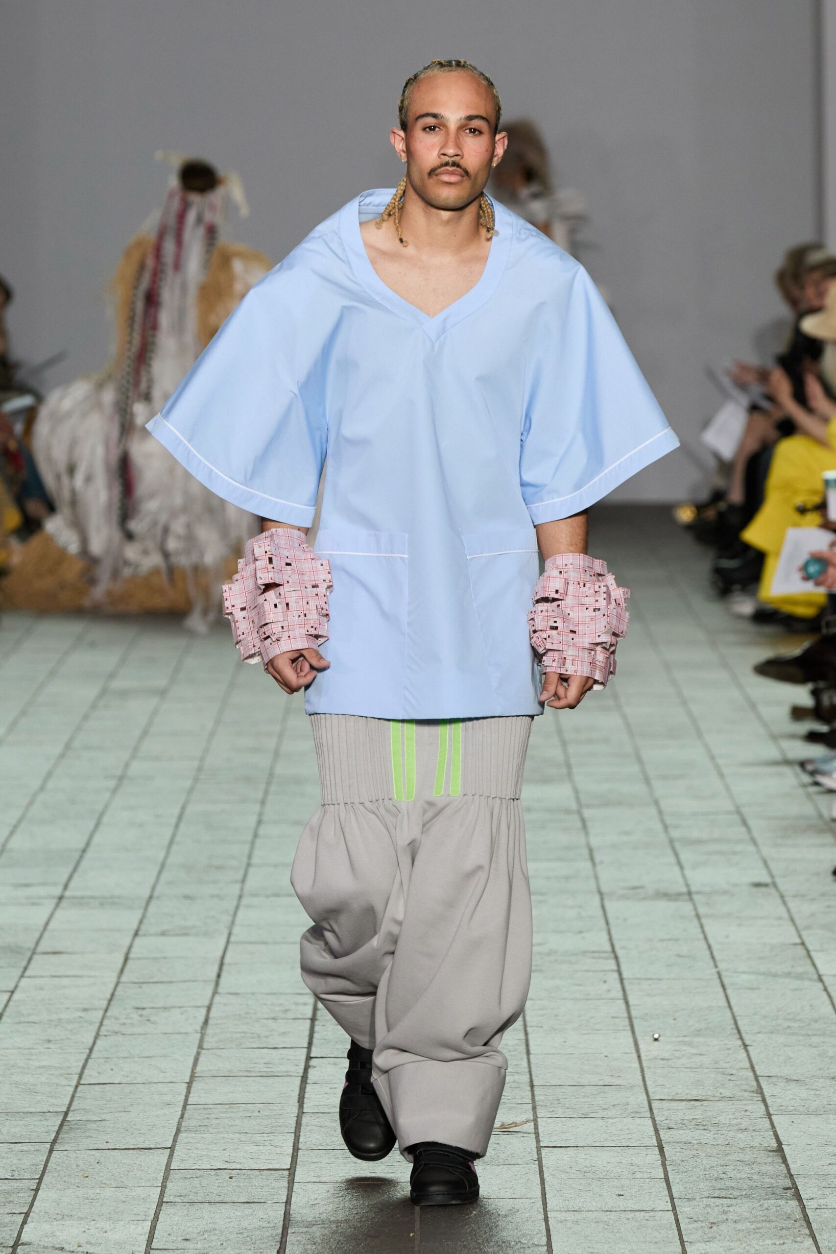 blue relaxed top gray wide-leg pants