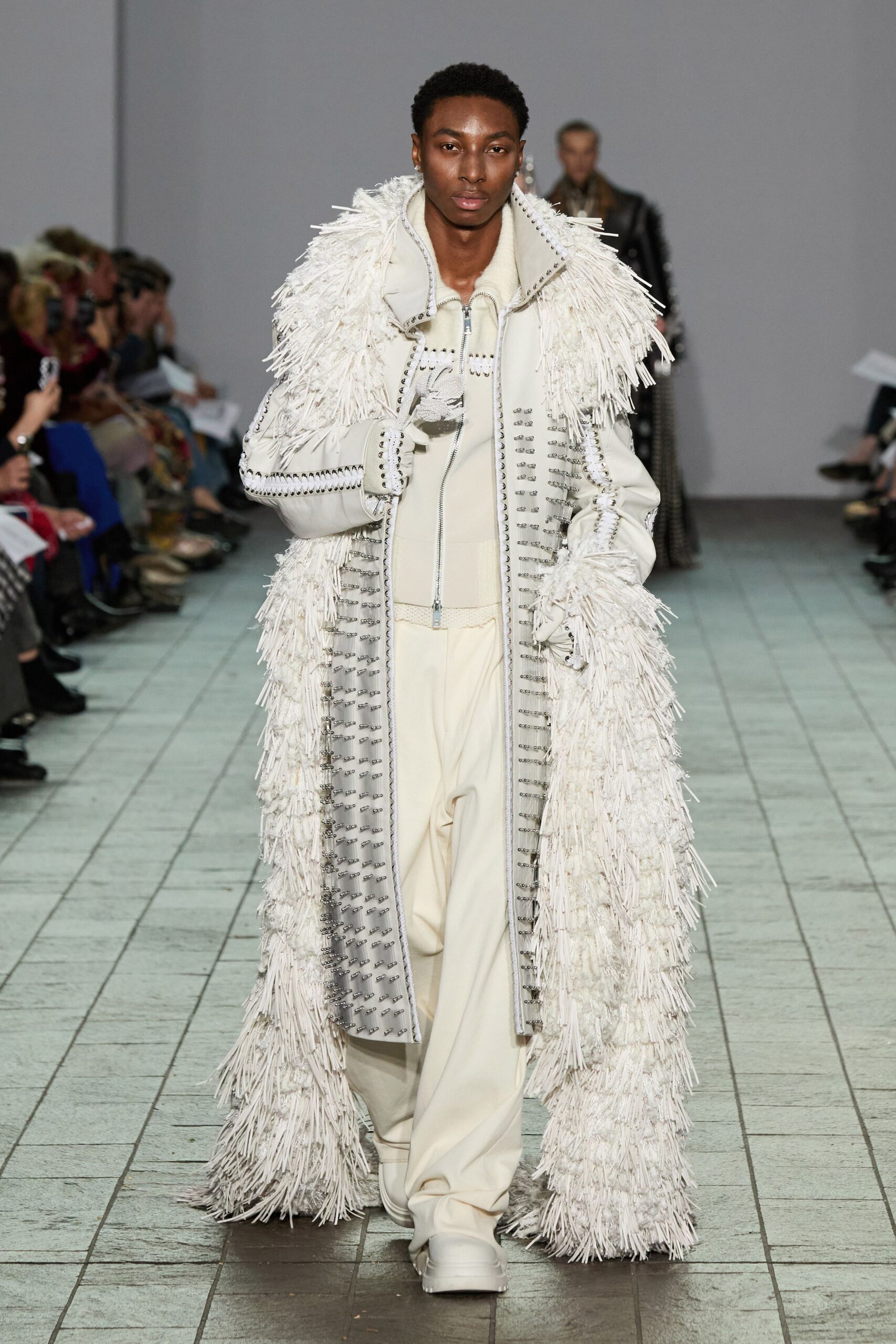 white leather long-sleeve collared relaxed fringed maxi coat