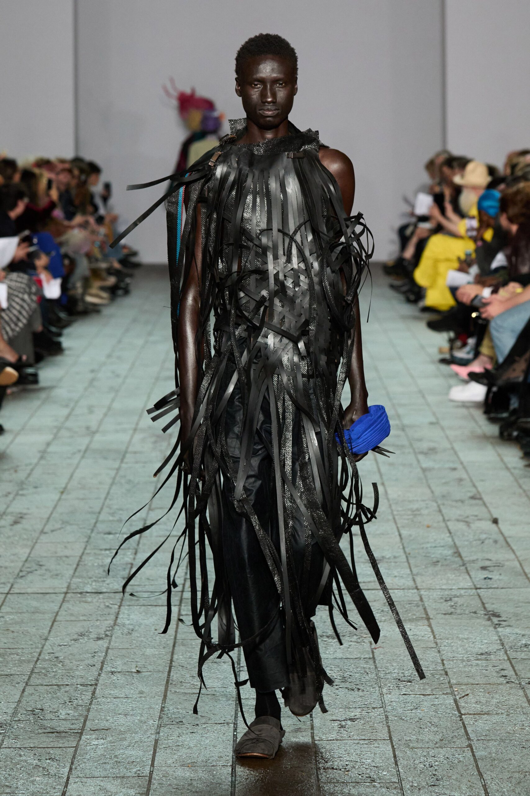 black vinyl sleeveless fitted fringed dress
