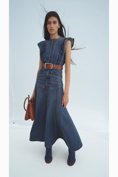 blue denim sleeveless high-neck belted panelled maxi maxi-dress