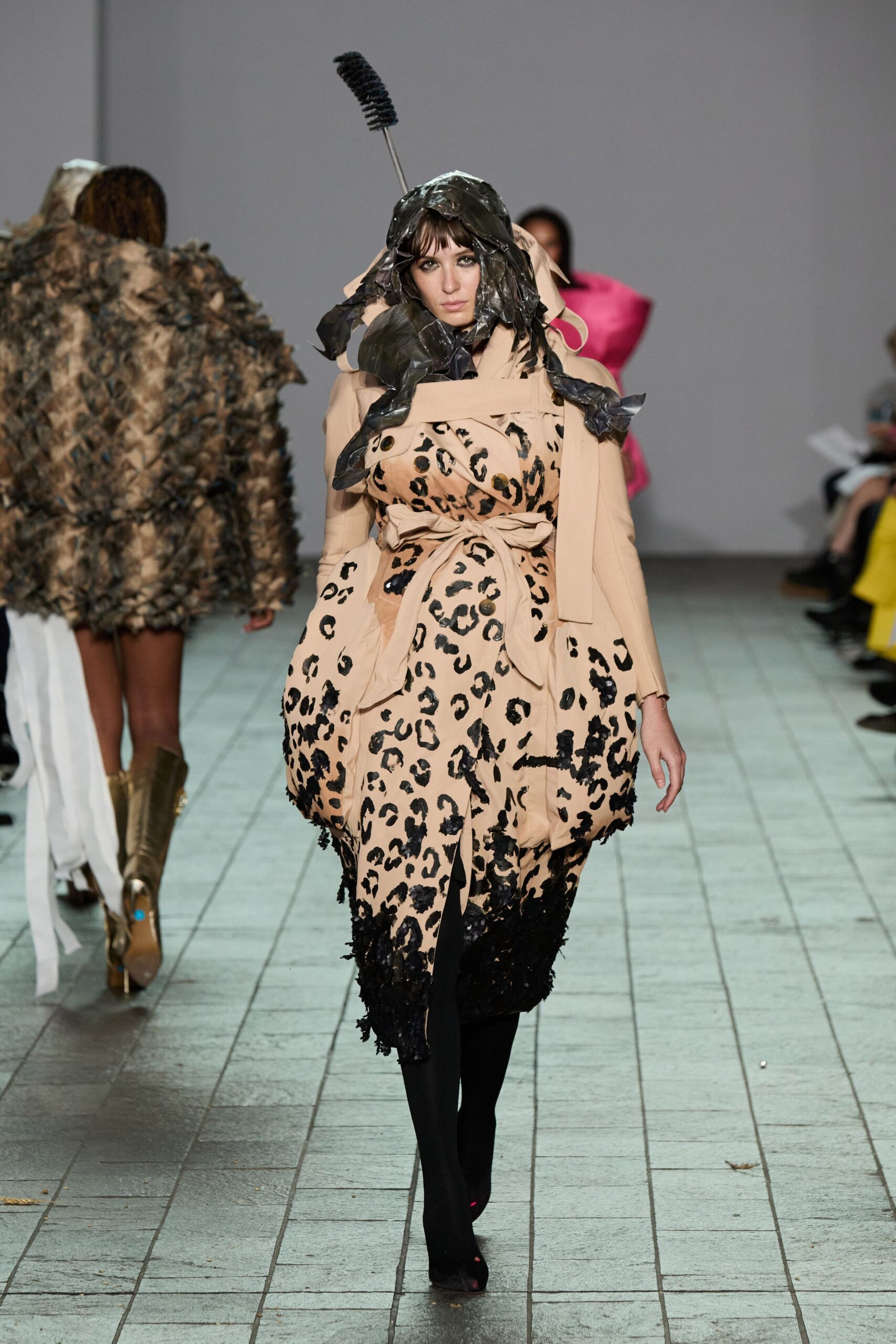 beige cotton sleeveless v-neck fitted animal-print layered dress