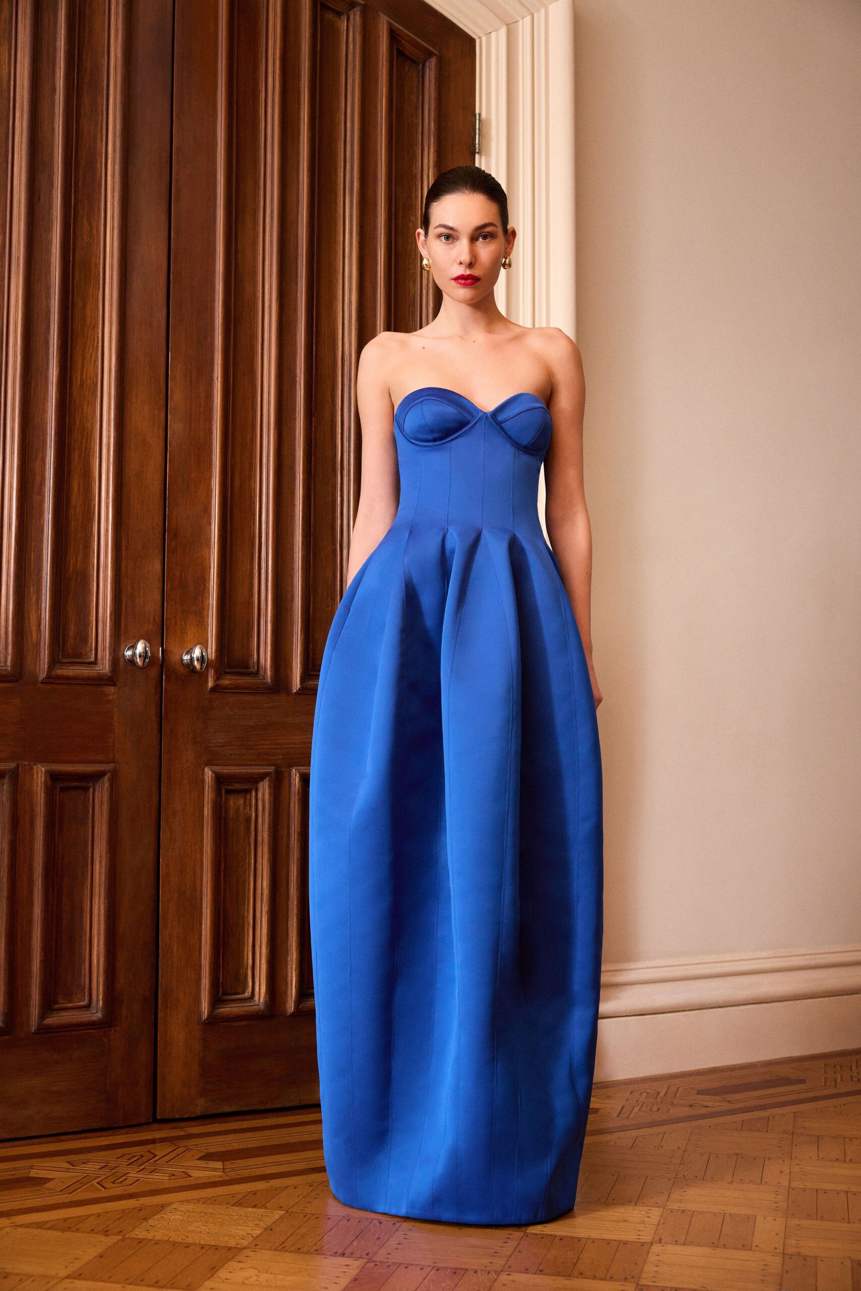 blue silk strapless gown